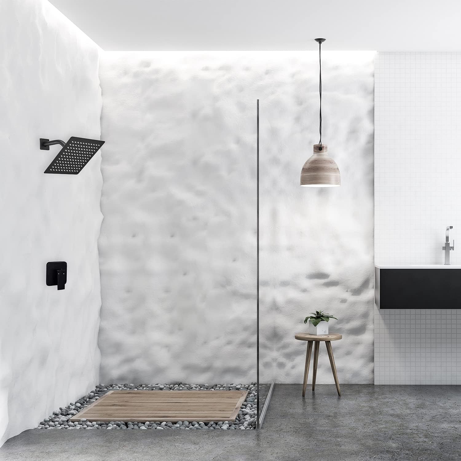 Black Shower Faucet GGStudy Single Function Shower Trim Kit with Rough-in Valve Shower Set Bath Rainfall Shower Faucet System 8inch Square Stainless Steel Metal Shower Head - Image 2