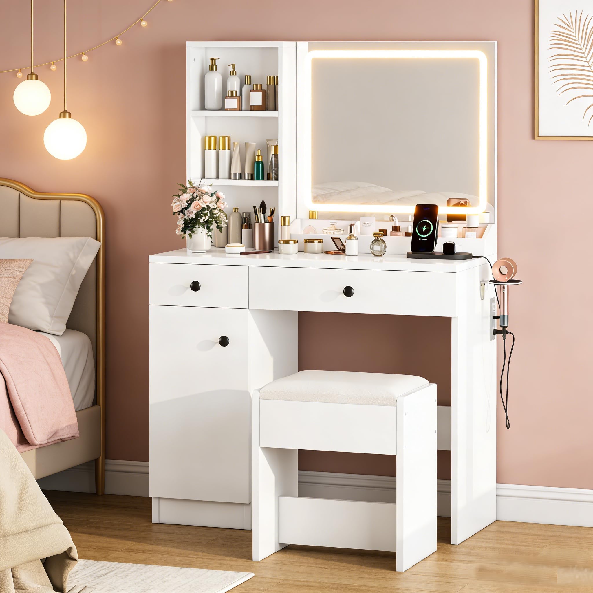 Farmhouse Vanity with Sliding Mirror and LED Lights, Makeup Table with 4 Drawers & Multi-Tier Storage Rack, Rustic Dressing Table Set for Bedroom (White 010)