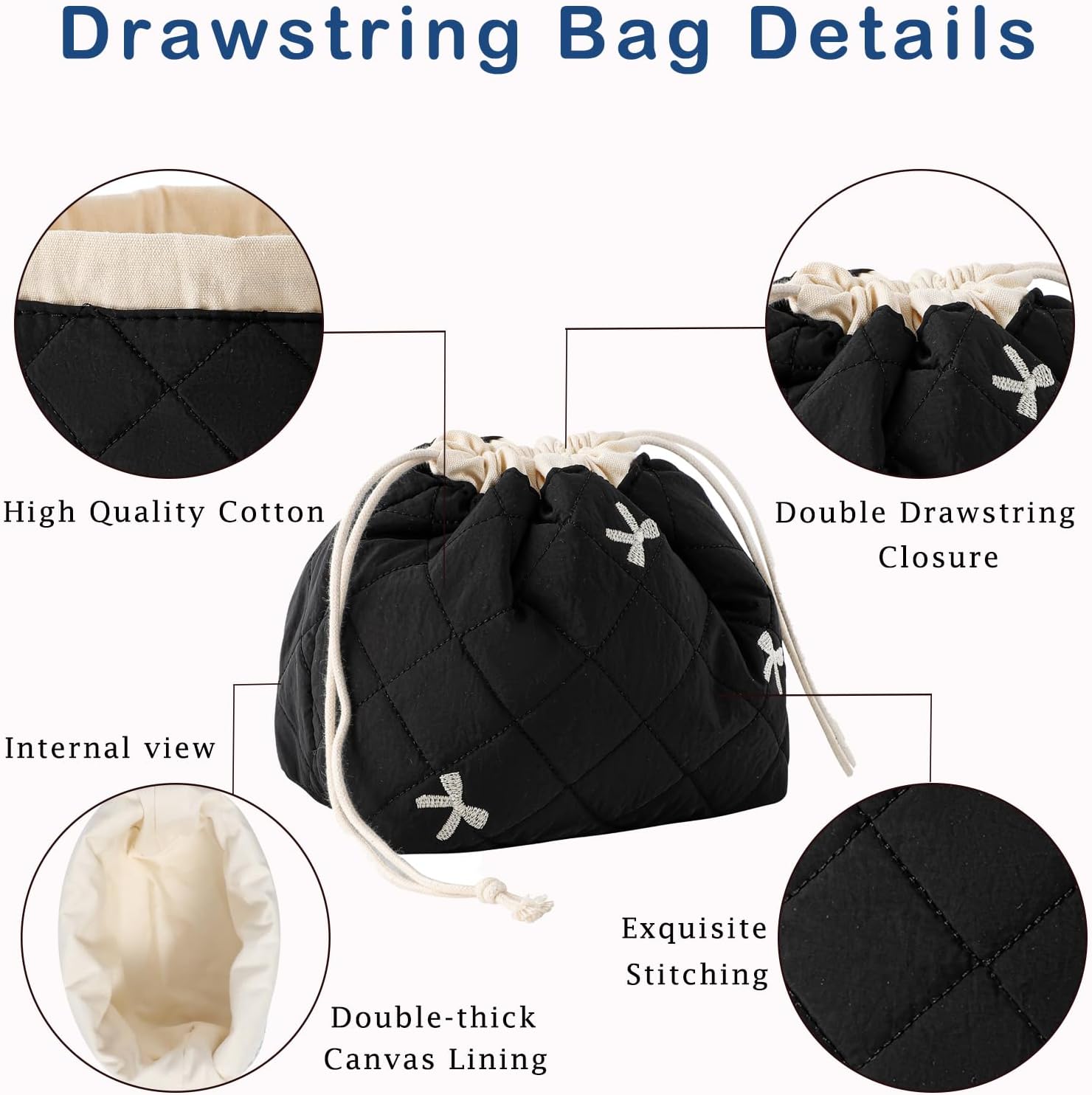 RSRSLEII 3Pcs Aesthetic Cotton Quilted Drawstring Makeup Bag Set, Aesthetic Cute Bow Makeup Pouch for Girls and Women, Aesthetic Travel Organized Cosmetic Bags for Purse(05Black Bow)