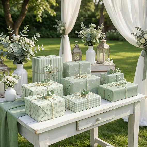 woric 60 Sheets Sage Green Tissue Paper for Wrapping Gifts | 14*20in Gift Wrapping Tissue, Sage Green/Botanical/Stripe/Dot/Grid 5 Design for Wedding Baby Shower Birthday Party DIY
