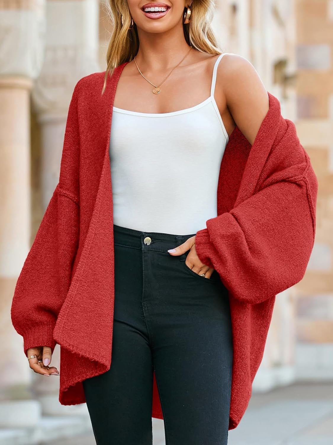 Saodimallsu Womens Oversized Cardigan Sweaters Open Front Chunky Knit Casual Long Lantern Sleeve Fall Sweater Coats - Image 4