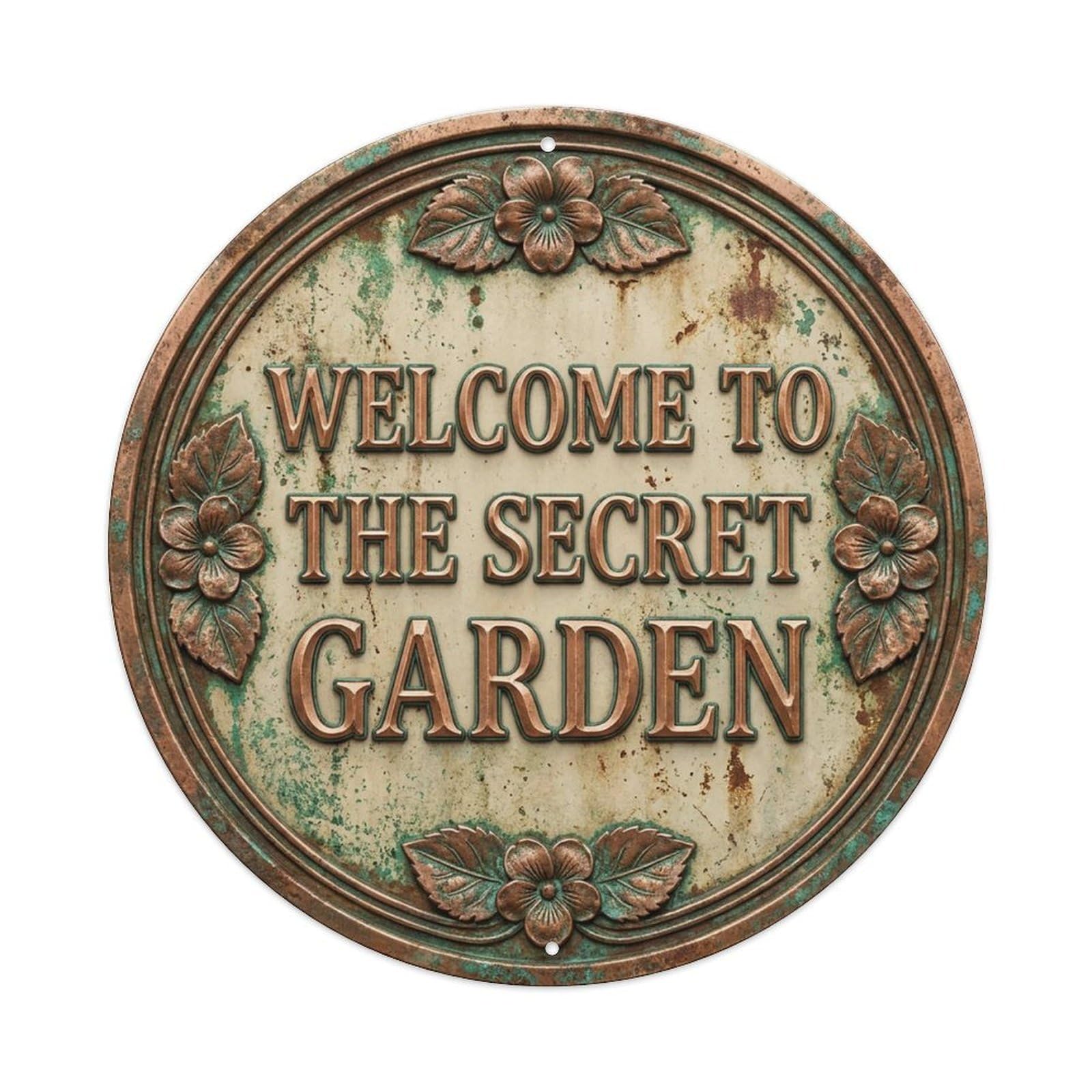 Vintage Welcome Secret Garden Copper Beige Violet Metal Tin Sign