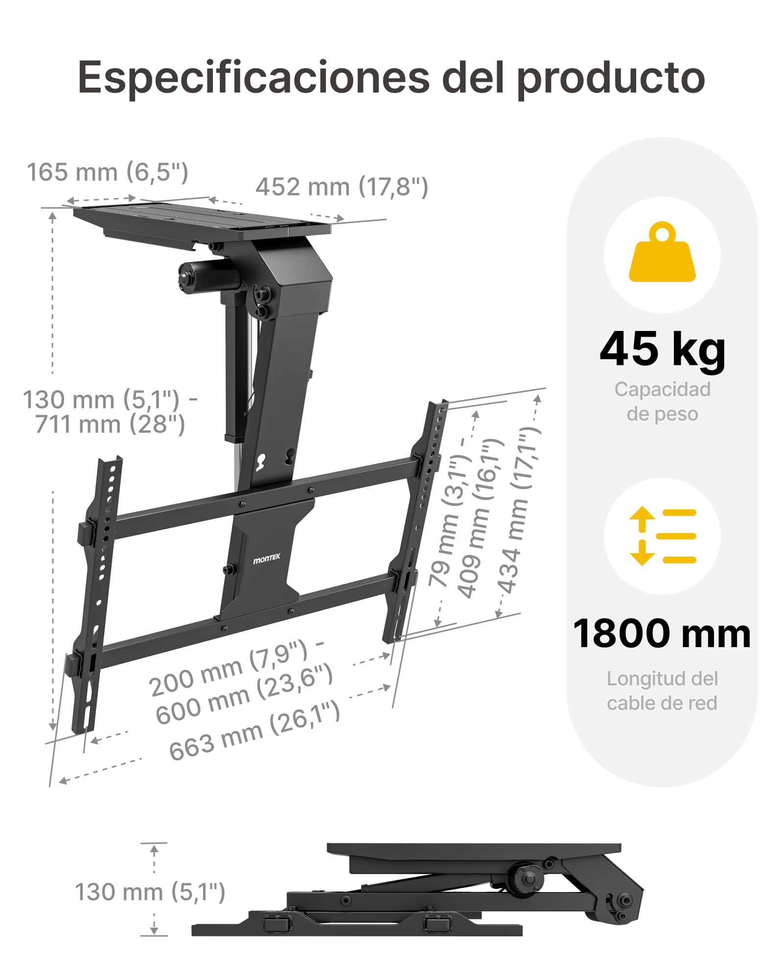monTEK Soporte TV de Techo Eléctrico para 37-75", hasta 45 kg | Soporte TV de techo motorizado con mando, app y control por voz; compatible con techos planos e inclinados.