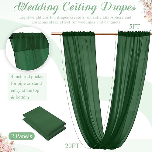 Miniatura 3 de Cortinas de techo para bodas, cortinas de techo verde oscuro, 2 paneles de 5 x 20 pies, tela de gasa transparente, cortinas de arco de boda