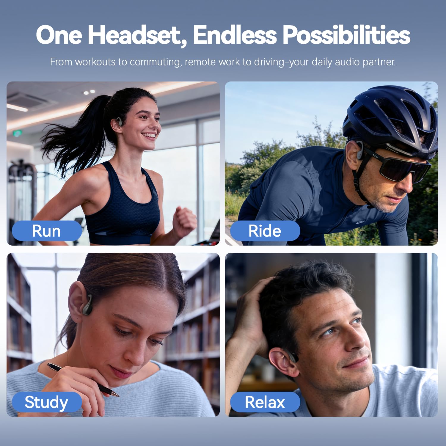 SANOTO Casque à conduction osseuse Bluetooth à oreilles ouvertes avec micro, commutation de mode EQ, écouteurs légers à conduction osseuse, écouteurs étanches IP65 pour le sport, écouteurs sans fil