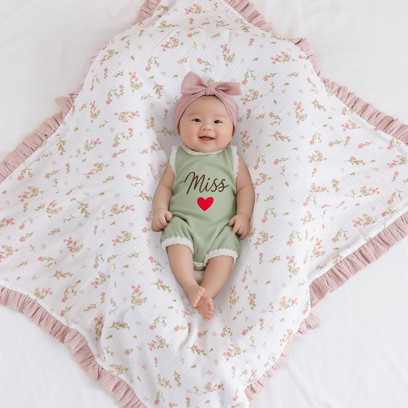 Flounce Muslin Baby Blanket - Cotton Quilt Blankets for Toddlers - Reversible Nursery Crib Blanket for Baby Boys and Girls 36"x40" (Green)