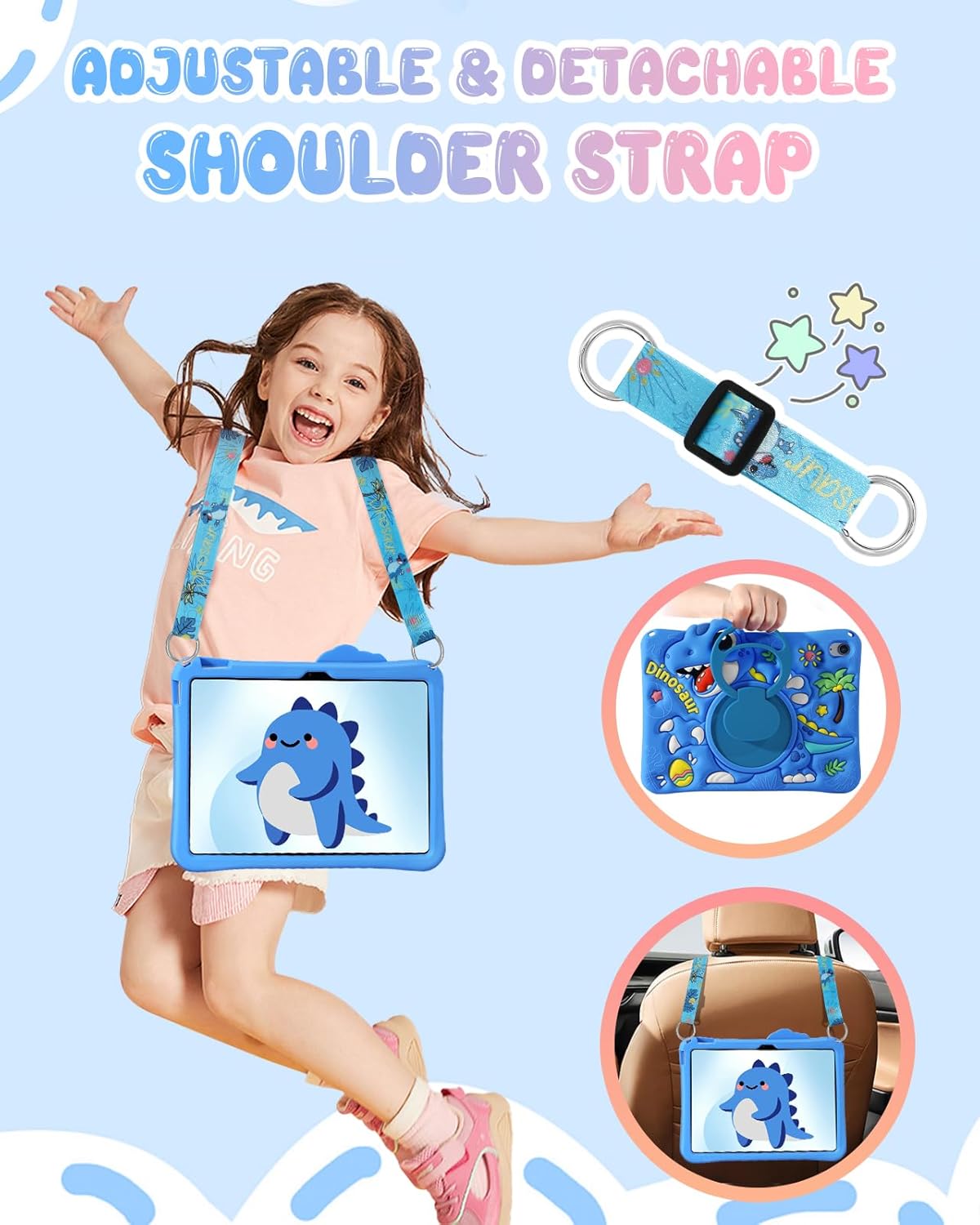 Boaretiu Tablet Case - Cute Cartoon Silicone Cover with Adjustable Shoulder Strap & Rotating Stand for Kids Boys Girls, for iPad 11th(A16) 2025 11 inch/10th Generation 10.9" 2022 Case, Blue Dinosaur