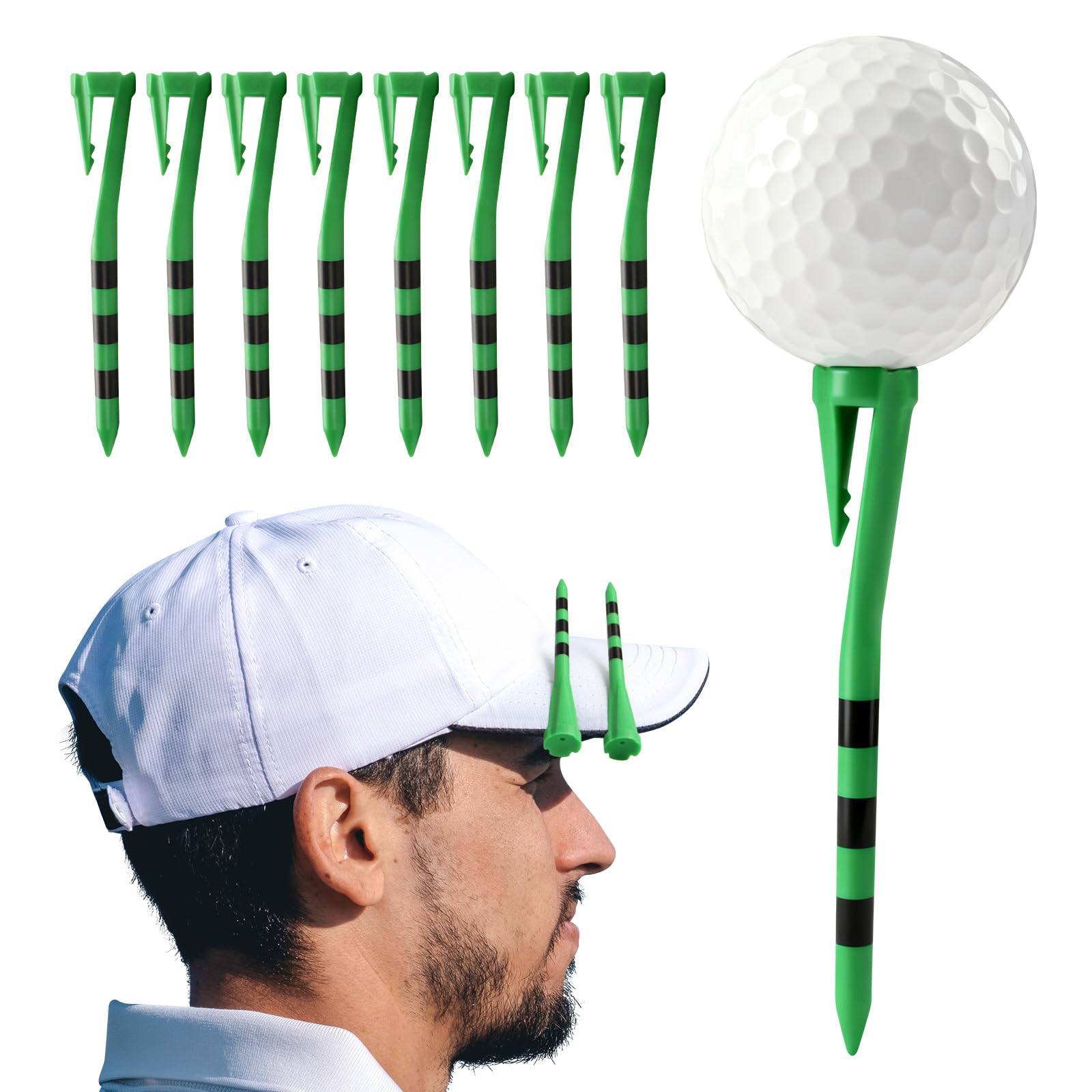 FINGER TEN Plastic Golf Tees With Hook Clip 3 1/4 Inch Value 20/30 Pack, Consistent Height & Durable Dual Function Tees For Golfers, Reusable Golf Accessories Fits Hats Belts (Green, 3.25“20 Pack)