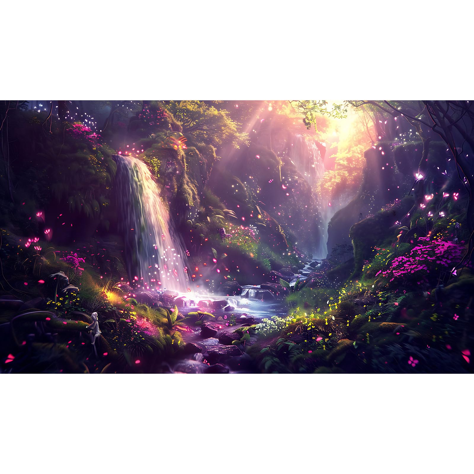 Fantasy Forest Aquarium Background Waterfalls Cascade Moss-Covered Rocks Fish Tank Background Golden Sunlight Lush Green Foliage Reptile Tank Backgrounds Paradise Oasis Terrarium Backgrounds 36x18in