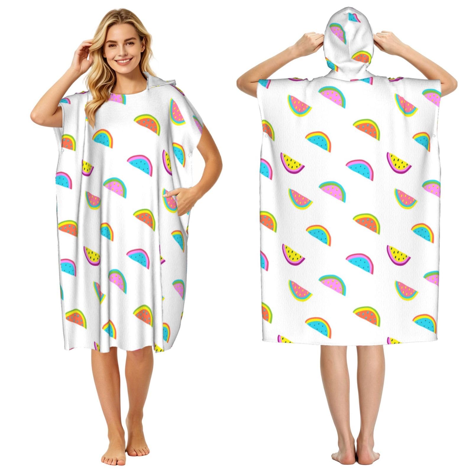 Poadnly Funny Colored Watermelon, Adult Hooded Beach Towel 90 x 110 cm,Changing Bath Robe, Surf Poncho Towel For Women Men