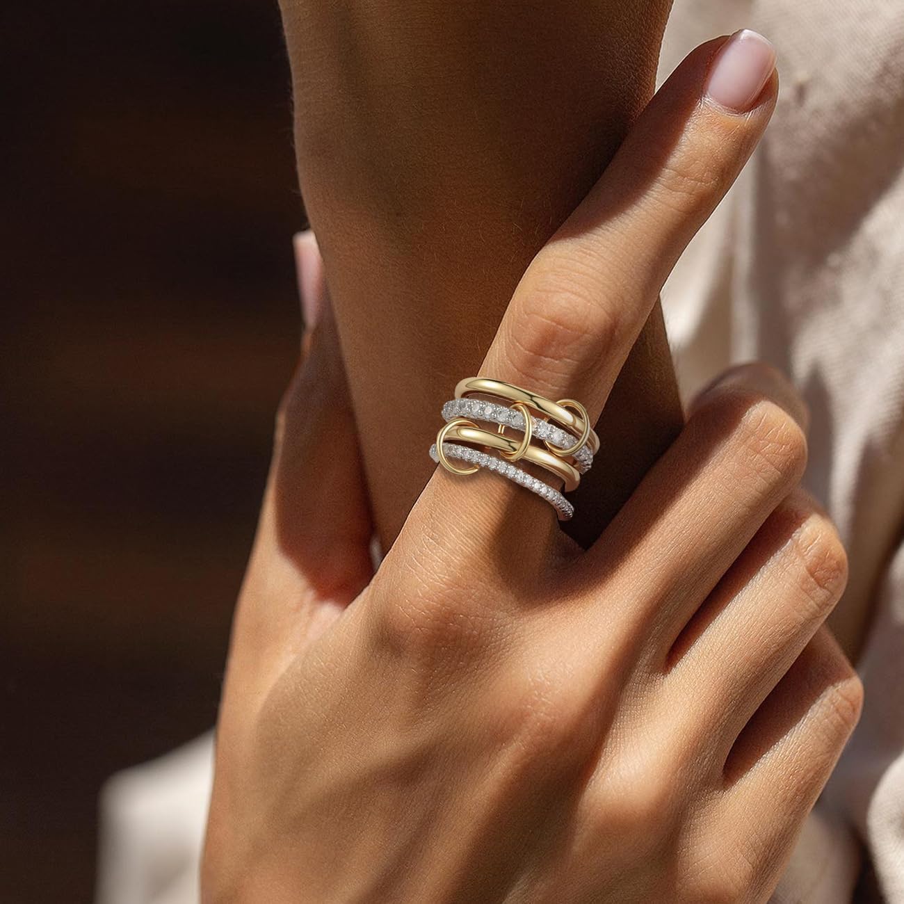 Emibele 14K Gold Plated Stackable Rings for Women, Interlocking Non Tarnish Gold Rings, Silver Dainty Cubic Zirconia Bands, Two-Toned Mixed Metal Stacking Band, Trendy Jewelry Gifts for Women - Image 4