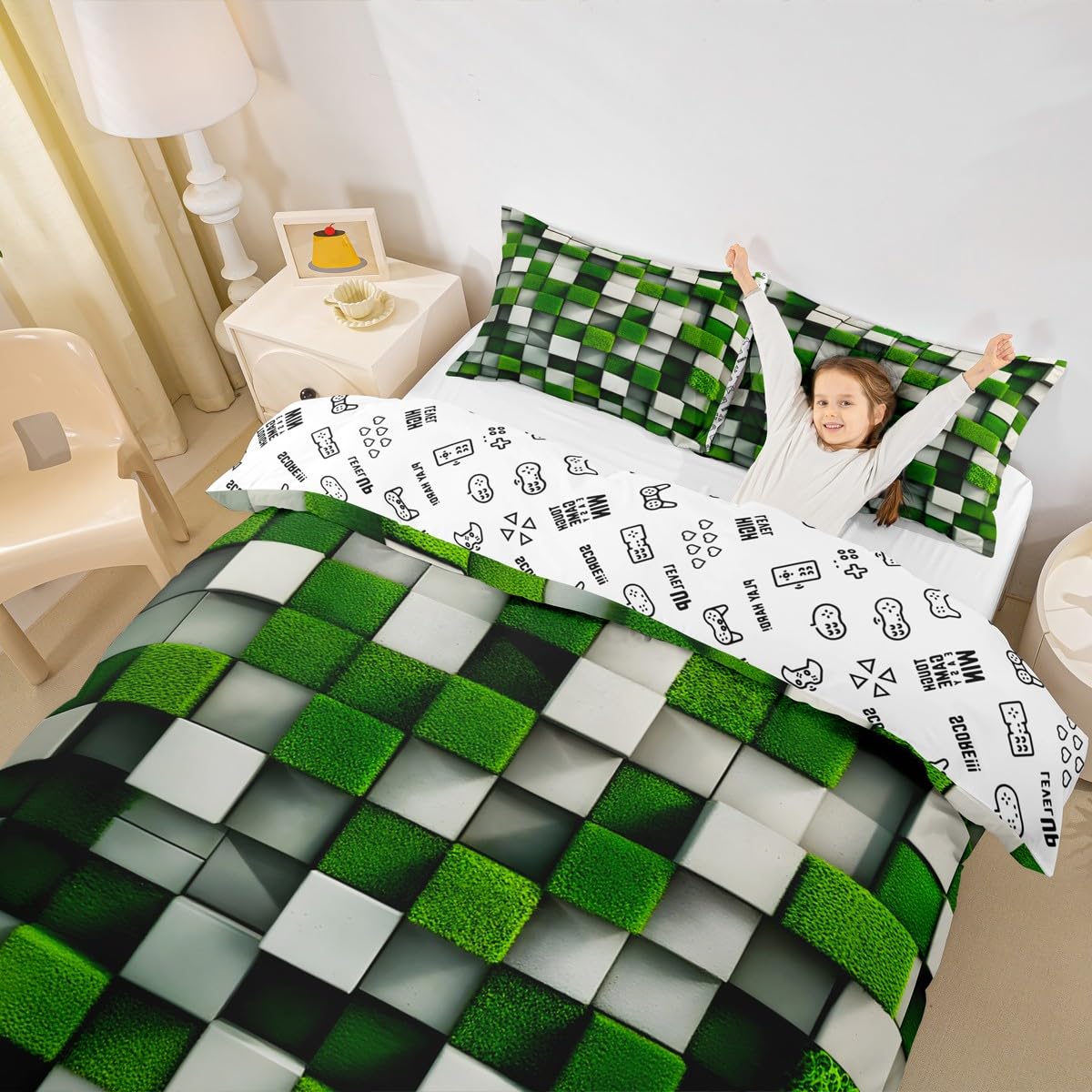 Parure de lit gamer 2 personnes avec housse de couette verte motif géométrique et taies