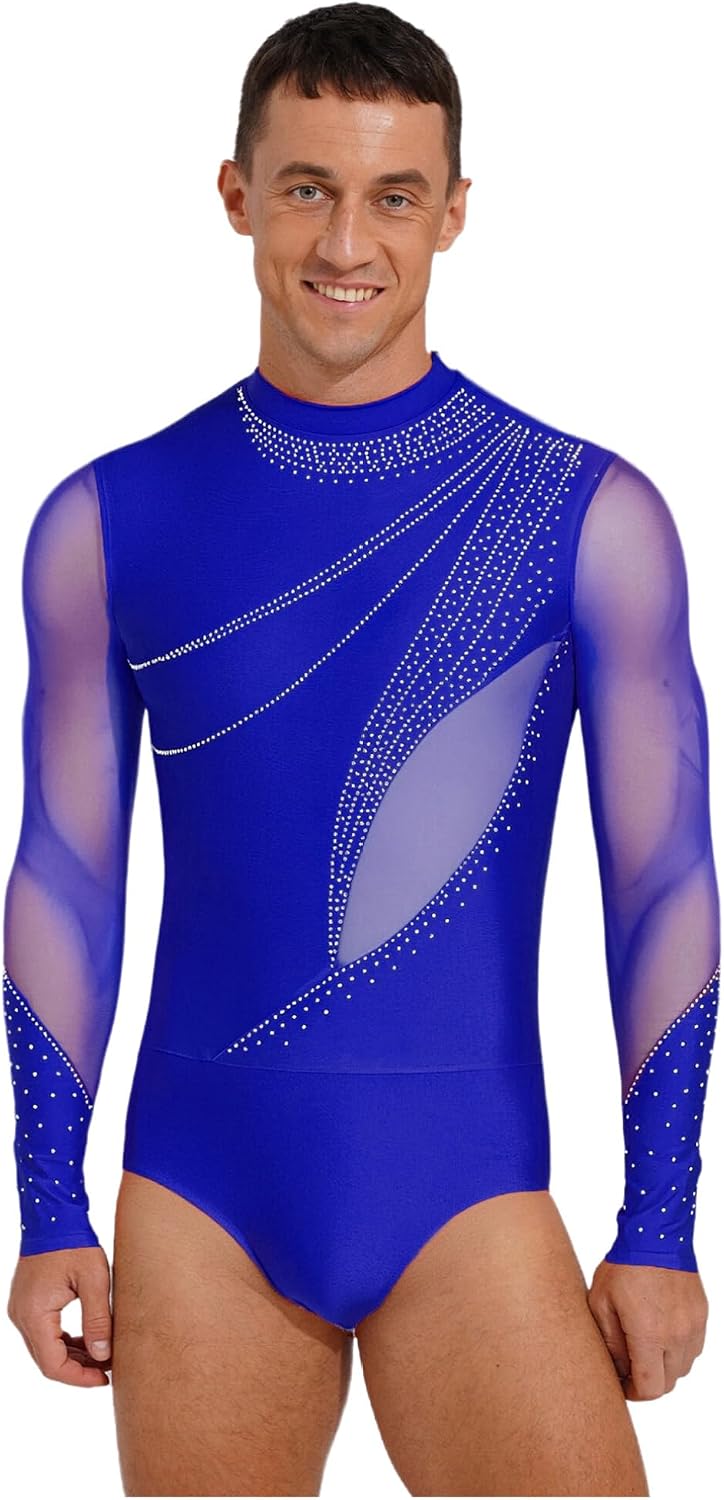 ranrann Men's Rhinestone Dance Shirt Ballet Leotard Long Sleeve Gymnastics Bodysuit Ice Skating Dancewear