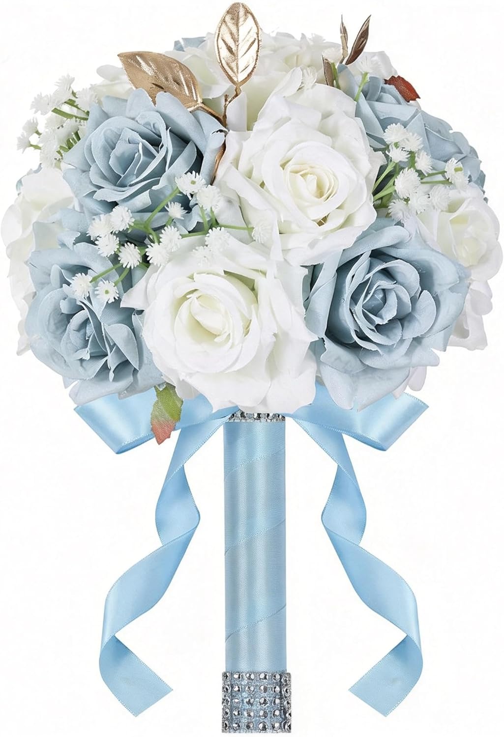 Wedding Bouquets for Bride & Bridesmaid, 9 Inch Artificial Rose Bridal Bouquet, Ivory White & Champagne Silk Flowers for Wedding Ceremony, Church, Party Decoration (White Champagne)