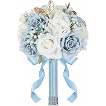Wedding Bouquets for Bride & Bridesmaid, 9 Inch Artificial Rose Bridal Bouquet, Ivory White & Blue Silk Flowers for Wedding Ceremony, Church, Party Decoration White Blue