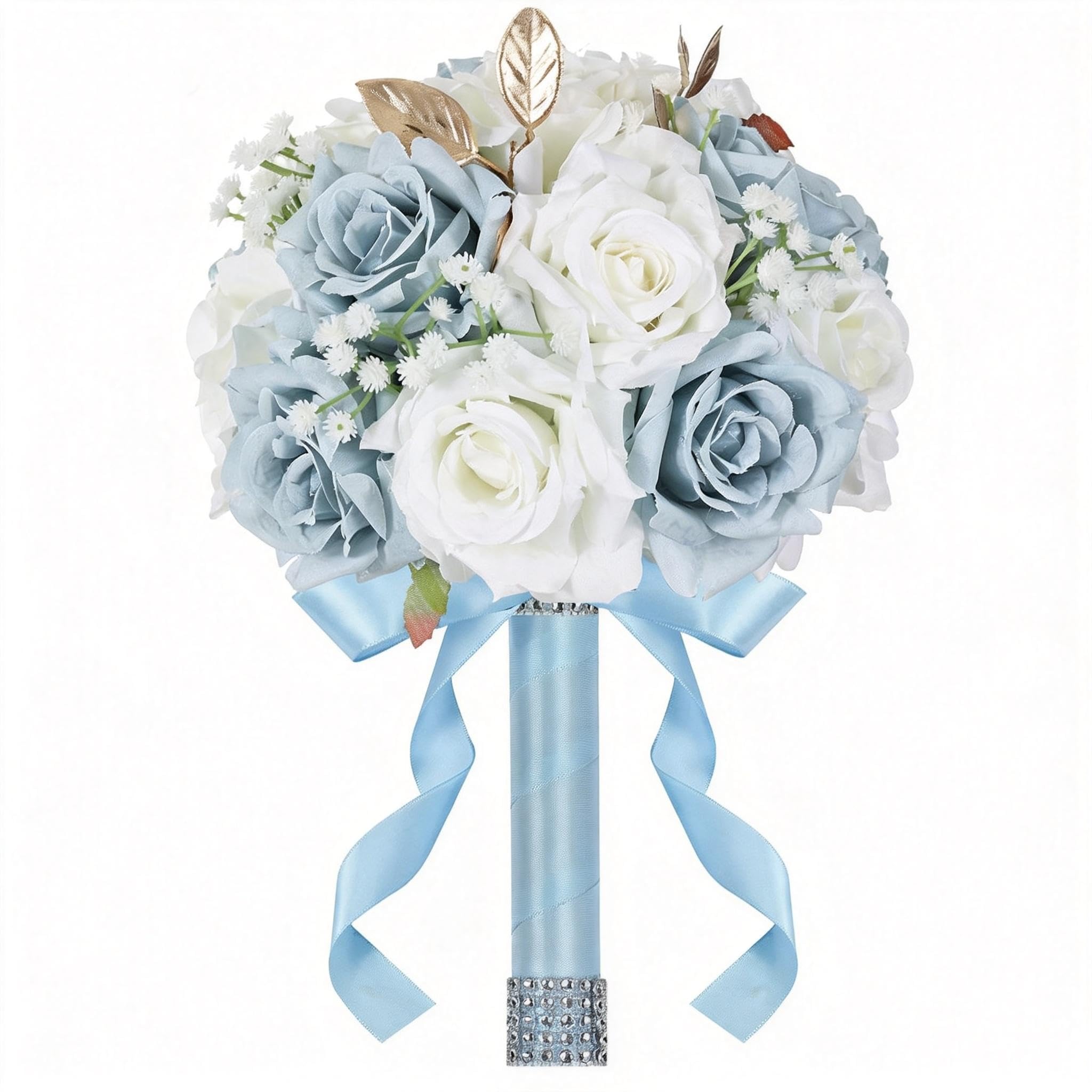 Pyopbow Wedding Bouquets for Bride & Bridesmaid, 9 Inch Artificial Rose Bridal Bouquet, Ivory White & Blue Silk Flowers for Wedding Ceremony, Church,