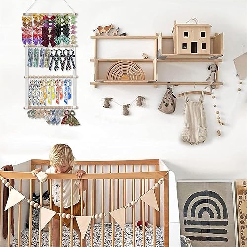 Miniatura 2 de Soporte para diadema, organizador de lazos de pelo de madera y algodón, soporte para lazos para el pelo del bebé, organizador de pinzas para el