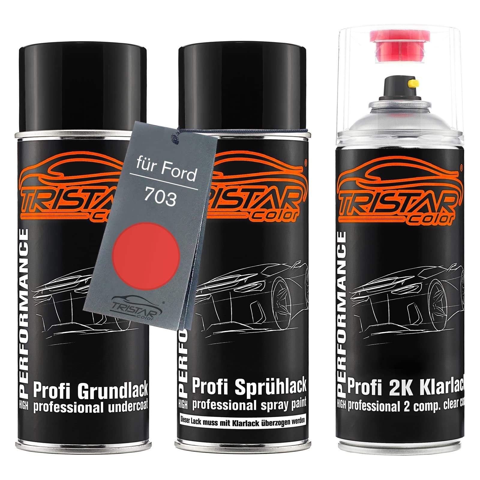 TRISTARcolor Lakier samochodowy Zestaw puszek z lakierem 2K w sprayu dla Ford 703 Rojo Sunrise Lakier bazowy 2 komponenty Lakier bezbarwny w sprayu