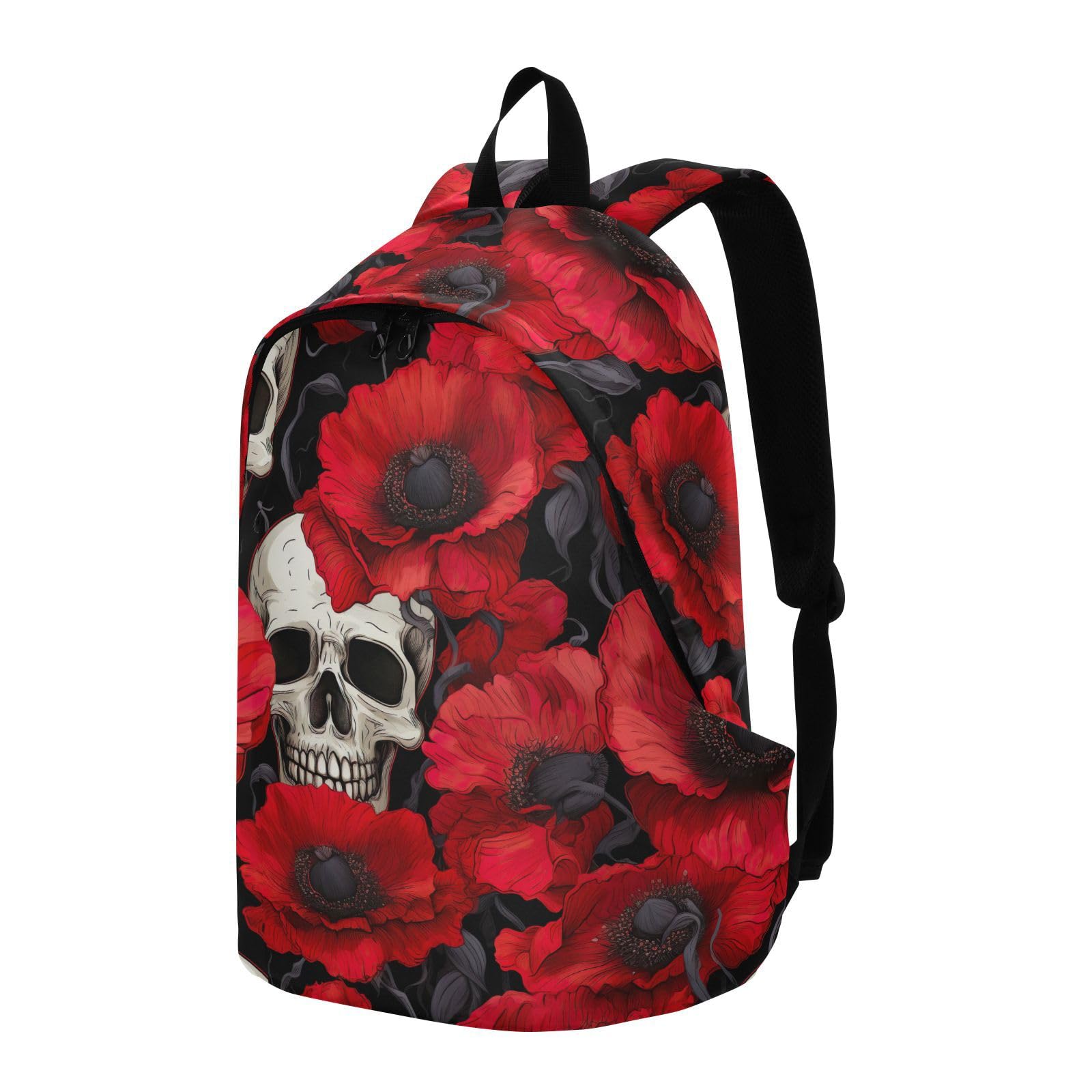MCHIVER Travel Backpack Red Poppy Flowers Skulls Casual Daypack Backpacks Lightweight Carry on Bag Water Resistant Hiking Backpack for Men Women