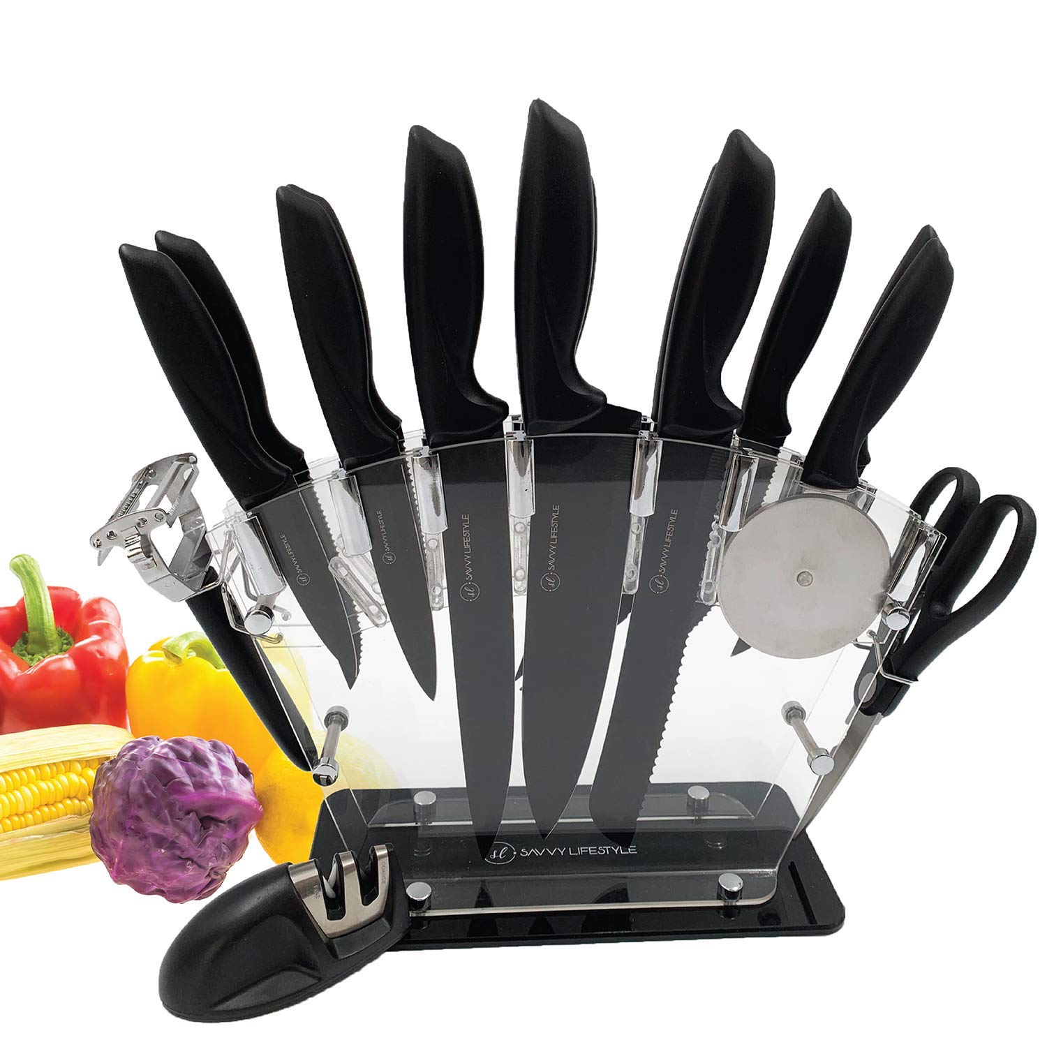 17 Piece Kitchen Knife Set and Modern Acrylic Stand,13 Stainless Steel Kitchen Cutlery Set, 6 Steak Knives, Peeler, Scissors, Sharpener, Pizza Cutter Wheel
