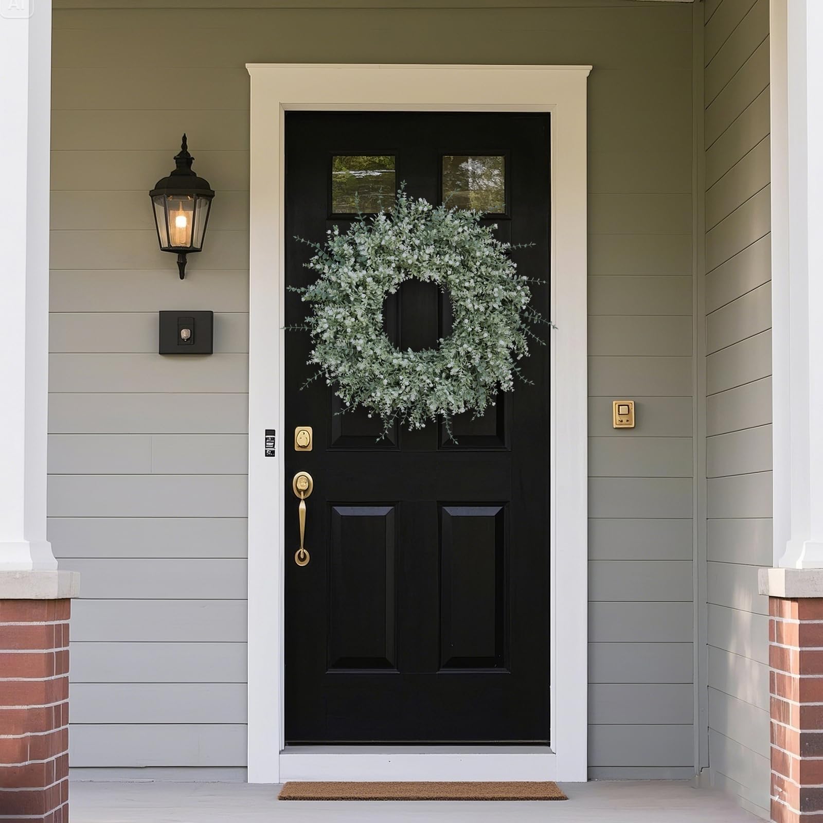 Corona grande de eucalipto de 26 pulgadas para puerta delantera, porche, eucalipto artificial y lavanda con flores de aliento de bebé para el hogar, decoración de pared de granja, primavera, verano