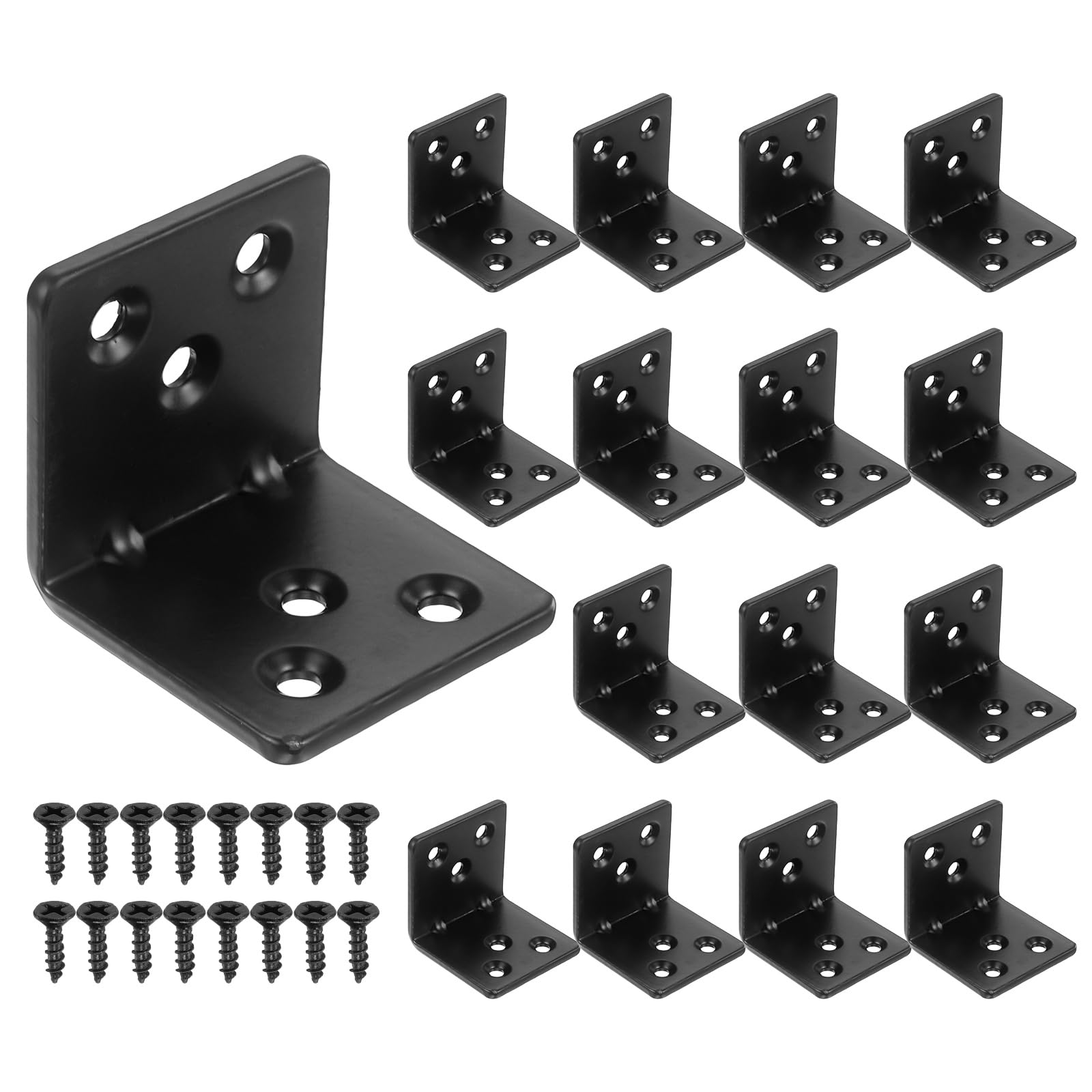 sourcing map 16Pcs L Corner Brackets, 90 Degree Angle Brackets Iron Joint Right Angle Shelf Corner Braces with Screws for Wood Table Chair Cabinets Shelf (1.57"x1.57"x1.57"x0.18, Black)