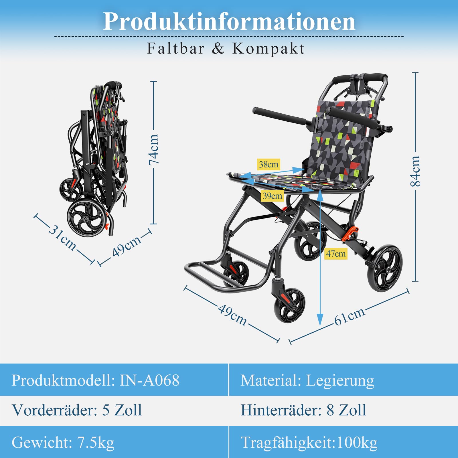 Rollstuhl Faltbar Leicht(7,5kg),Tragbarer Transportstuhl, mit Sicherheitsgurt,Belastbarkeit 100 kg,ideal für leichtere bzw. kleinere Benutzer,39 Sitz,kompakt für Reisen und Wohnung(IN-A068)