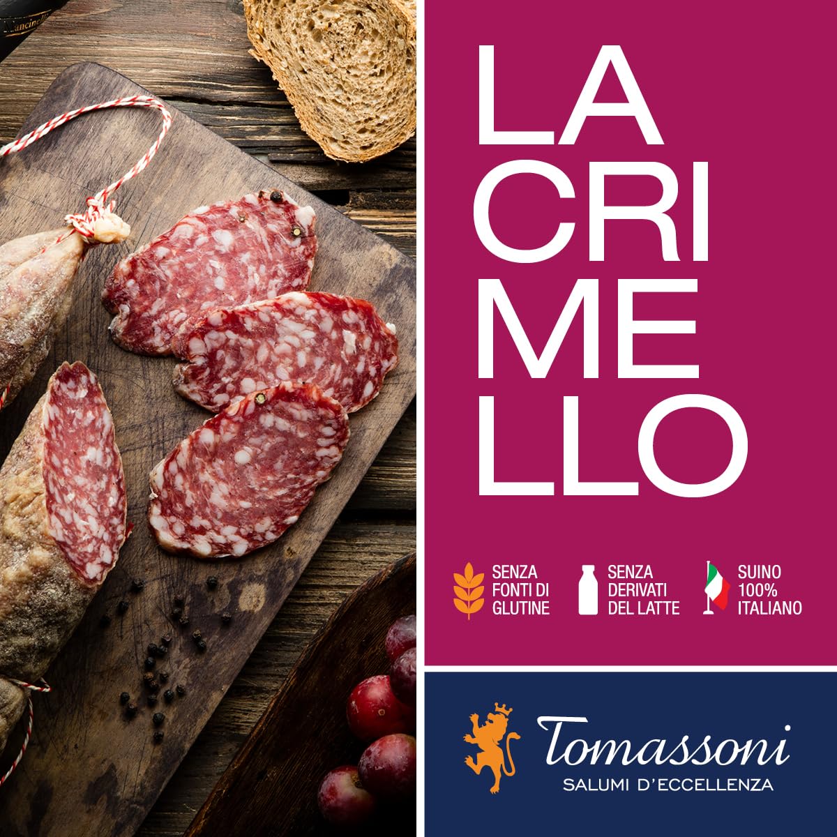 Tomassoni Salami Lacrimello Italien au Vin Lacrima di Morro D'Alba, Salame con Vino, sans gluten et sans lactose, produit artisanal, spécialités gastronomiques, emballé sous vide entier 700g