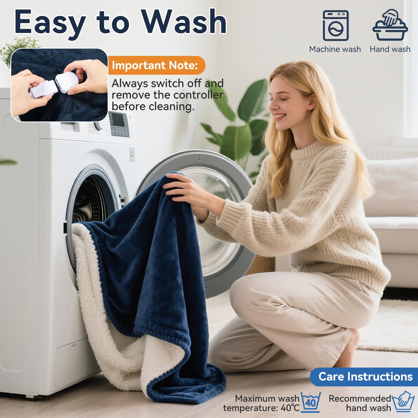 Qoosea Mantita Eléctrica 130x160cm Manta Eléctrica de Franela con 9 Niveles de Calor y 10 Horas de Apagado Automático, Lavable a Máquina Manta de Calefacción Rápido para Cama Sofá Oficina, Azul Marino