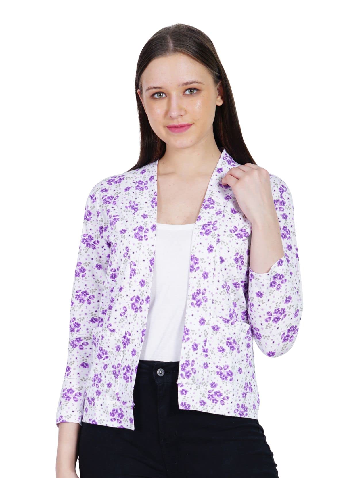 amazon brand - nora nico Nora Nico Women's XL Purple Floral Print Cotton Shrug. Versatile Open Front Cardigan with Long Sleeves and V-Neck for Summer Layering-picture-12