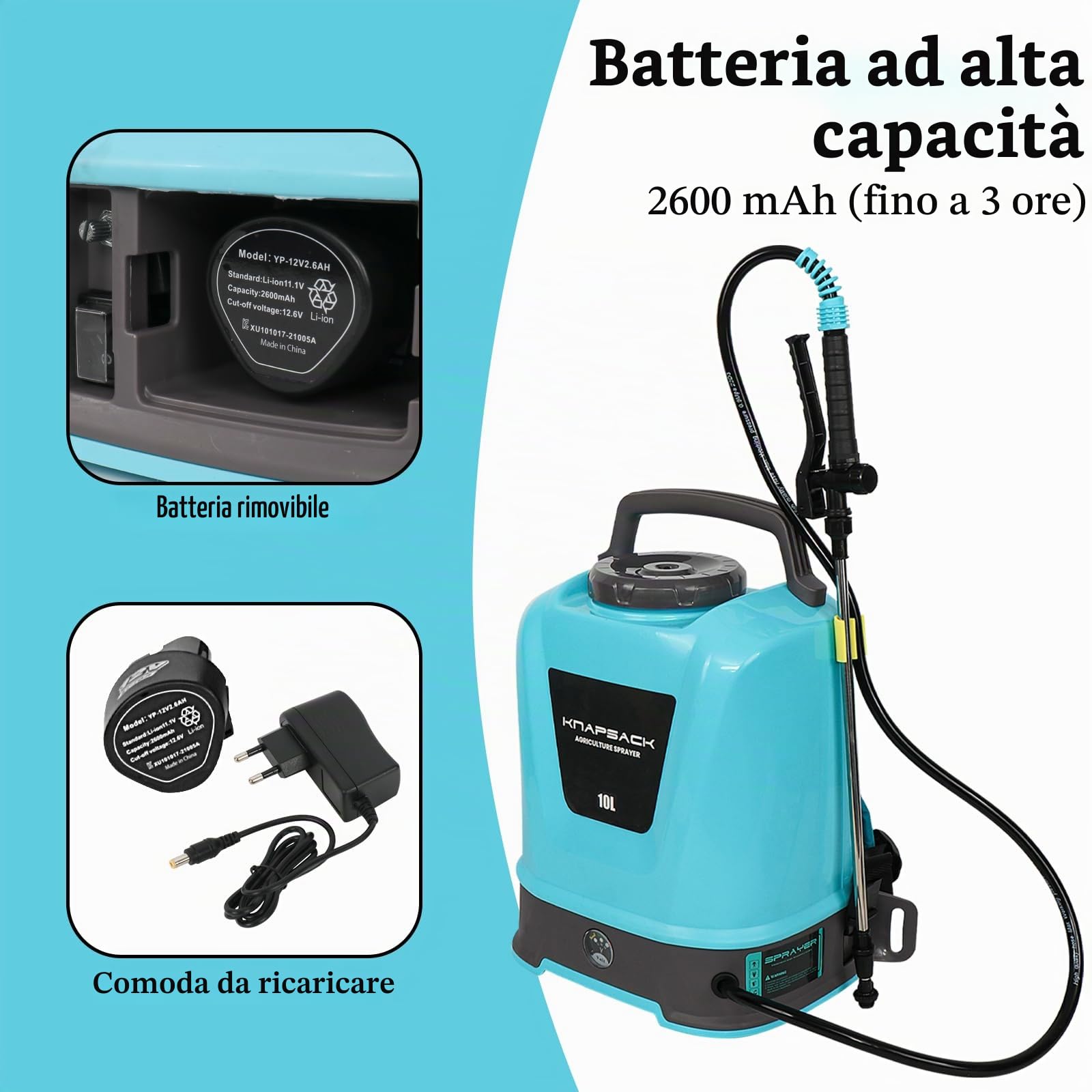 Pompa Irroratrice a Batteria 10L Pompa a Spalla a Batteria 12V Ricaricabile Spruzzatore Potente per Piante Giardino Frutteto
