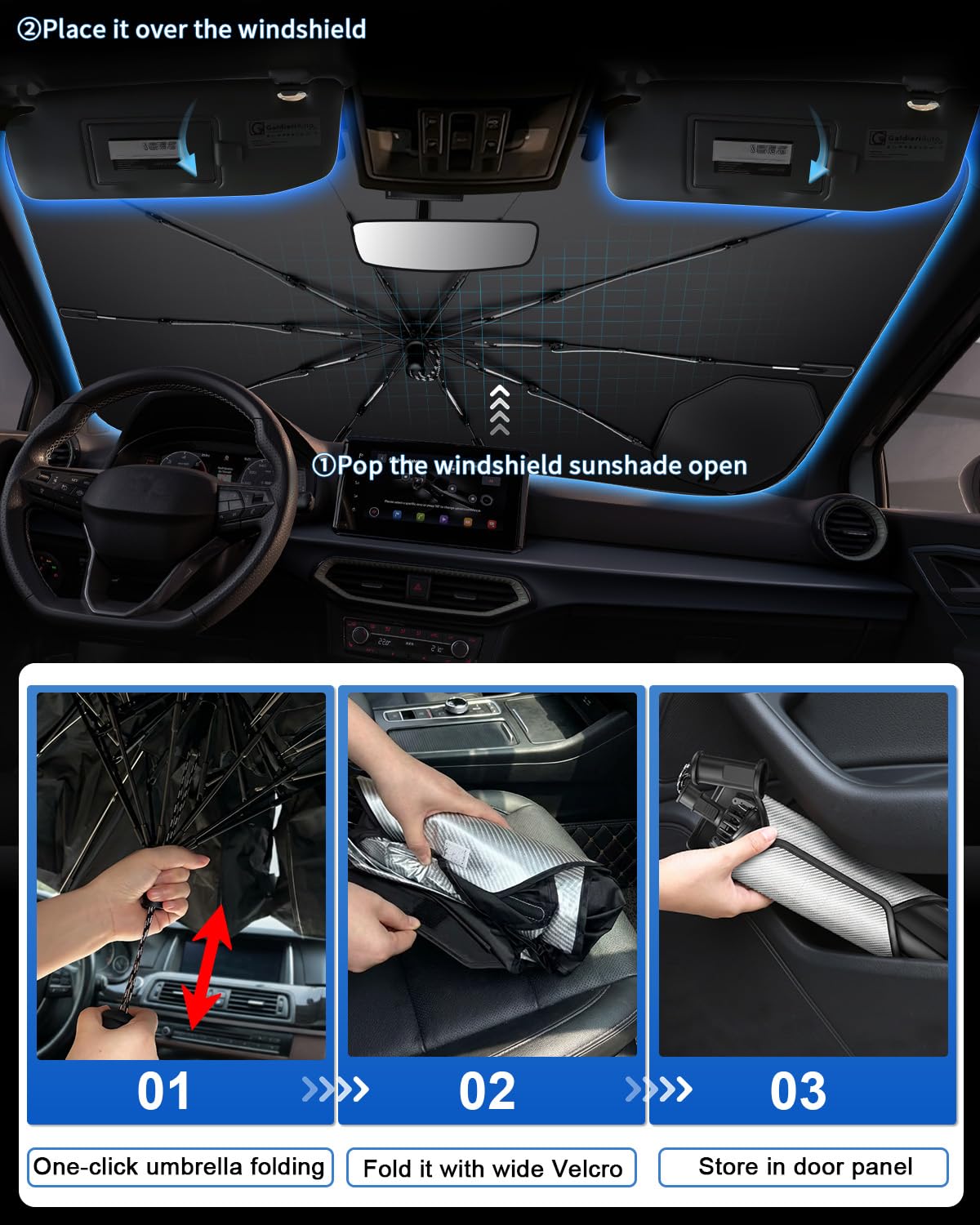 SHAOHAO Ombrello Parasole Parabrezza per KIA Picanto (JA) 2017-2025 Protezione Solare UV con Maniglia Flessibile e Cordino, Accessori Interni, Facile da Riporre e Raffreddamento Rapido