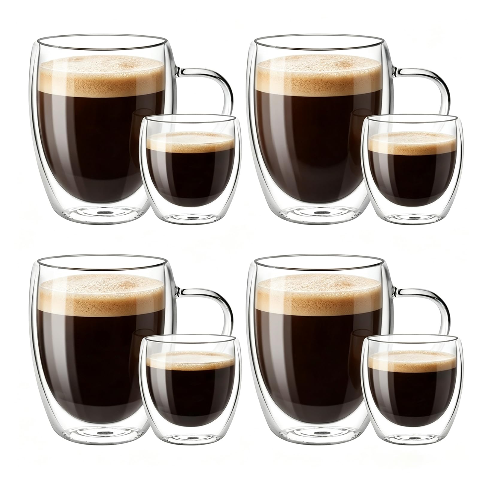 YIK TUNG 8-Piece Double Walled Glass Mugs Set – Borosilicate 350ml & 80ml