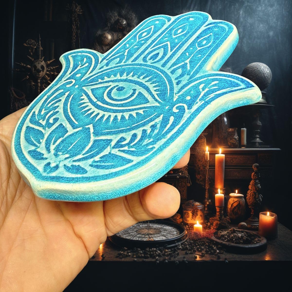 Amulet ceramiczny Hamsa (ręka Fatmy) - amulet chroniący przed złą energią, osobista ochrona wibracyjna (turkusowa zieleń)
