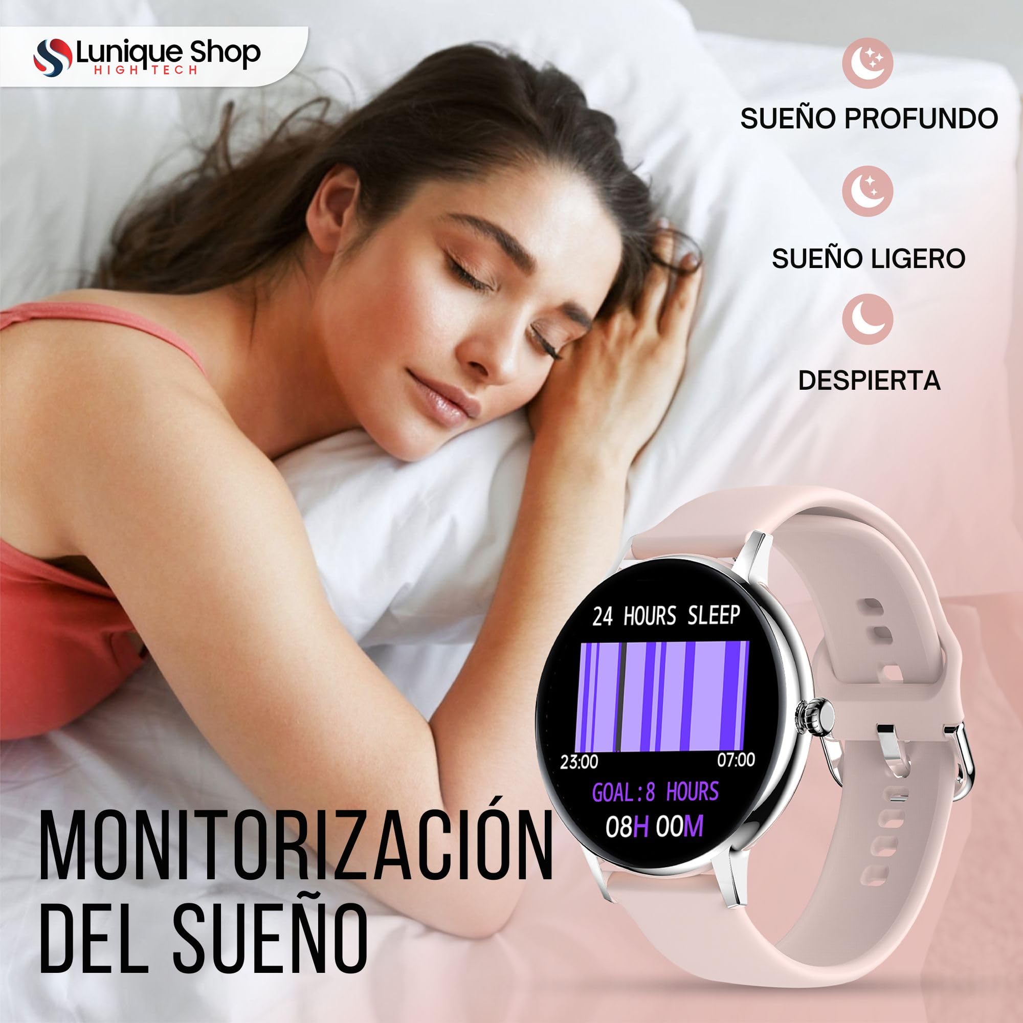 LSCALL Reloj Inteligente Mujer Hombre con Llamadas y Asistente Voz, Smartwatch 2 Correas, Monitor de Ritma Cardíaco y Sueño, Podómetro para Android iOS Rosa