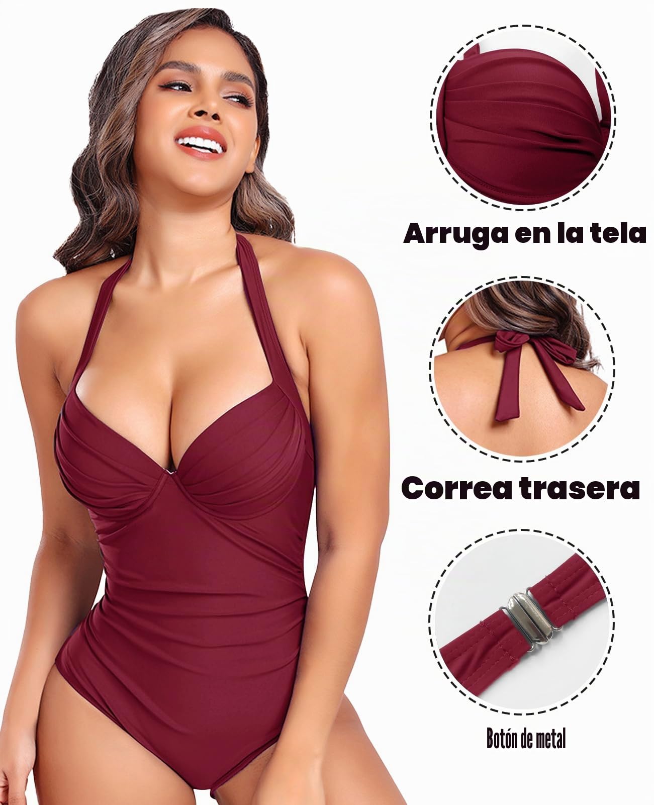 Rayson Bañador Mujer Reductores Barriga Vientre Plano Push Up Traje de Baño de Una Pieza Cuello en V Sujetador Plisado Ropa de Baño