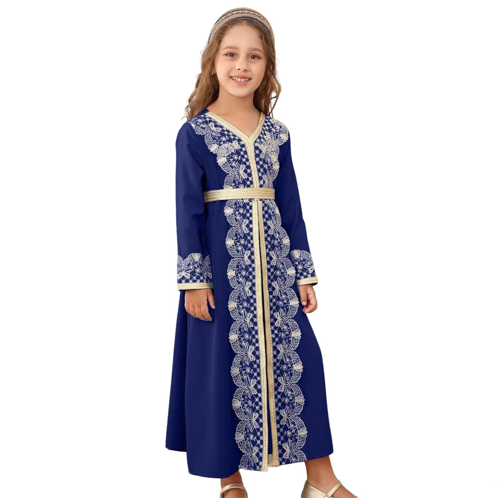 Elegante Vestido Abaya Bordado para niñas, Vestido de Fiesta de Manga Larga con Ribete de Encaje, de Punto piqué, Cintura elástica y Volantes, Ideal para cumpleaños, Verano Estilo Casual