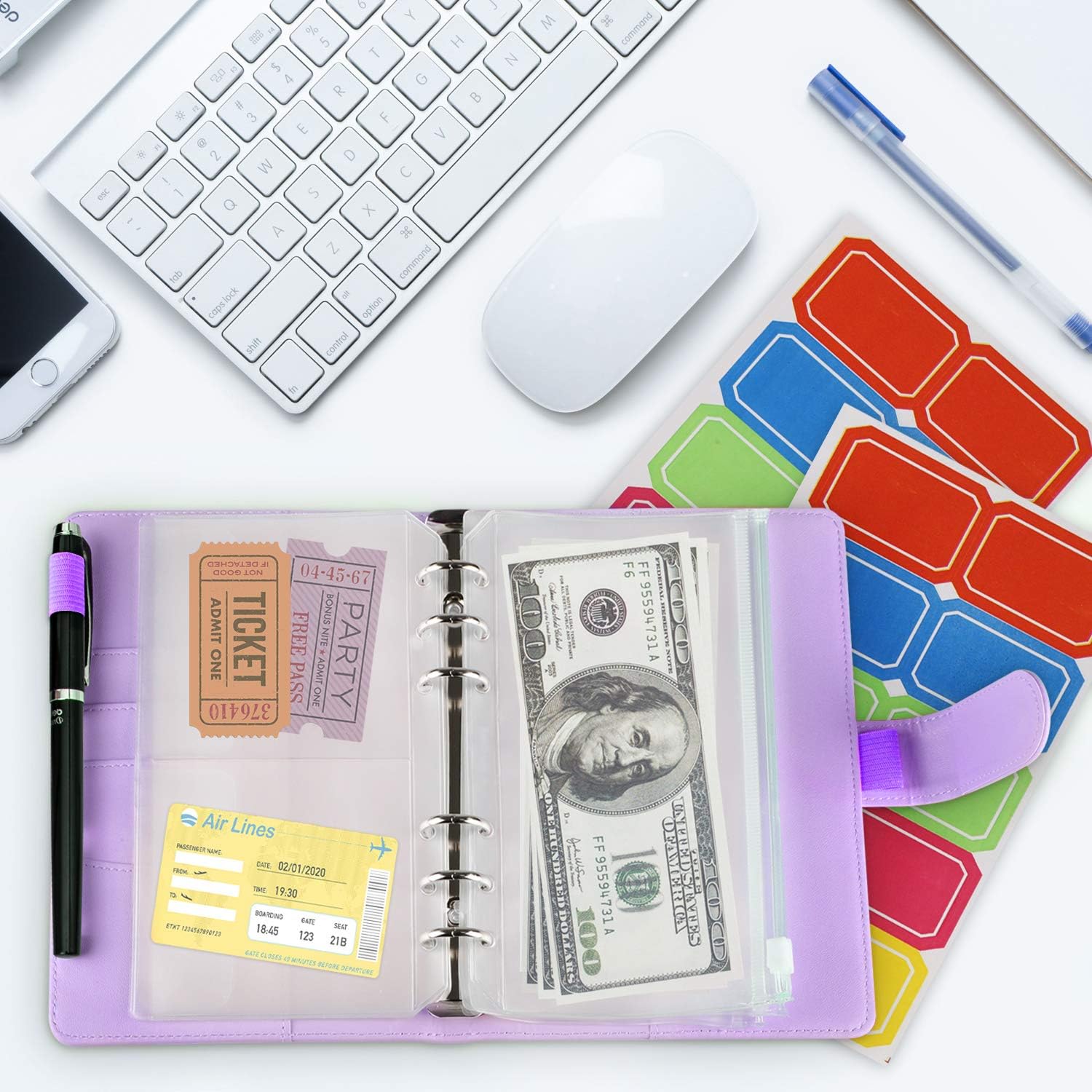 14Pcs Binder Pockets A6 with Leather Binder Cover, 6-Ring Budget Binder with Cash Envelopes, Money Saving Binder (Purple)
