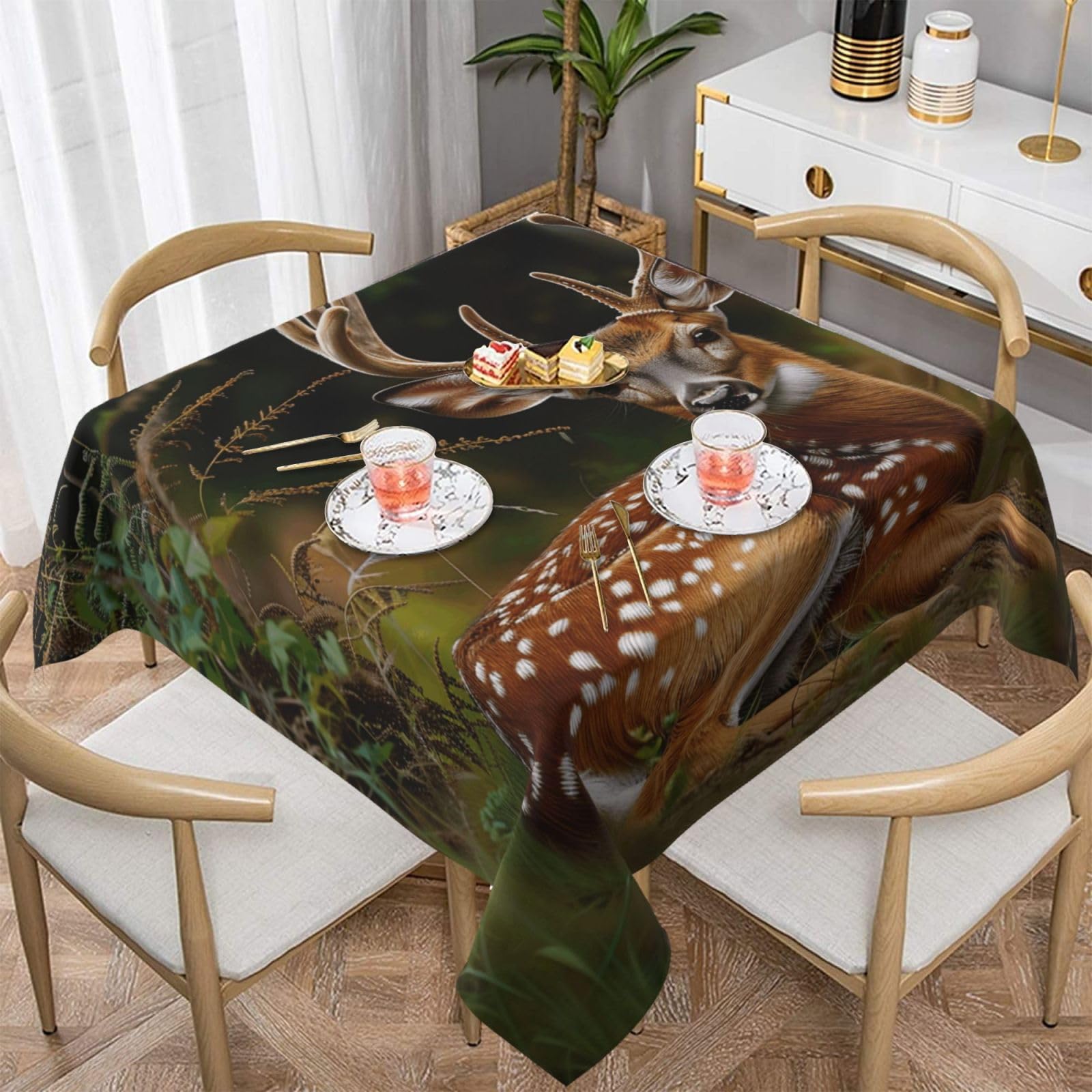 WPKJU Whitetail Deer Fawn in Wilderness Stag Printed Square Tablecloth 60x60 inch Water Resistant Table Cover Washable Rectangle Table Cloth for Dining Tables