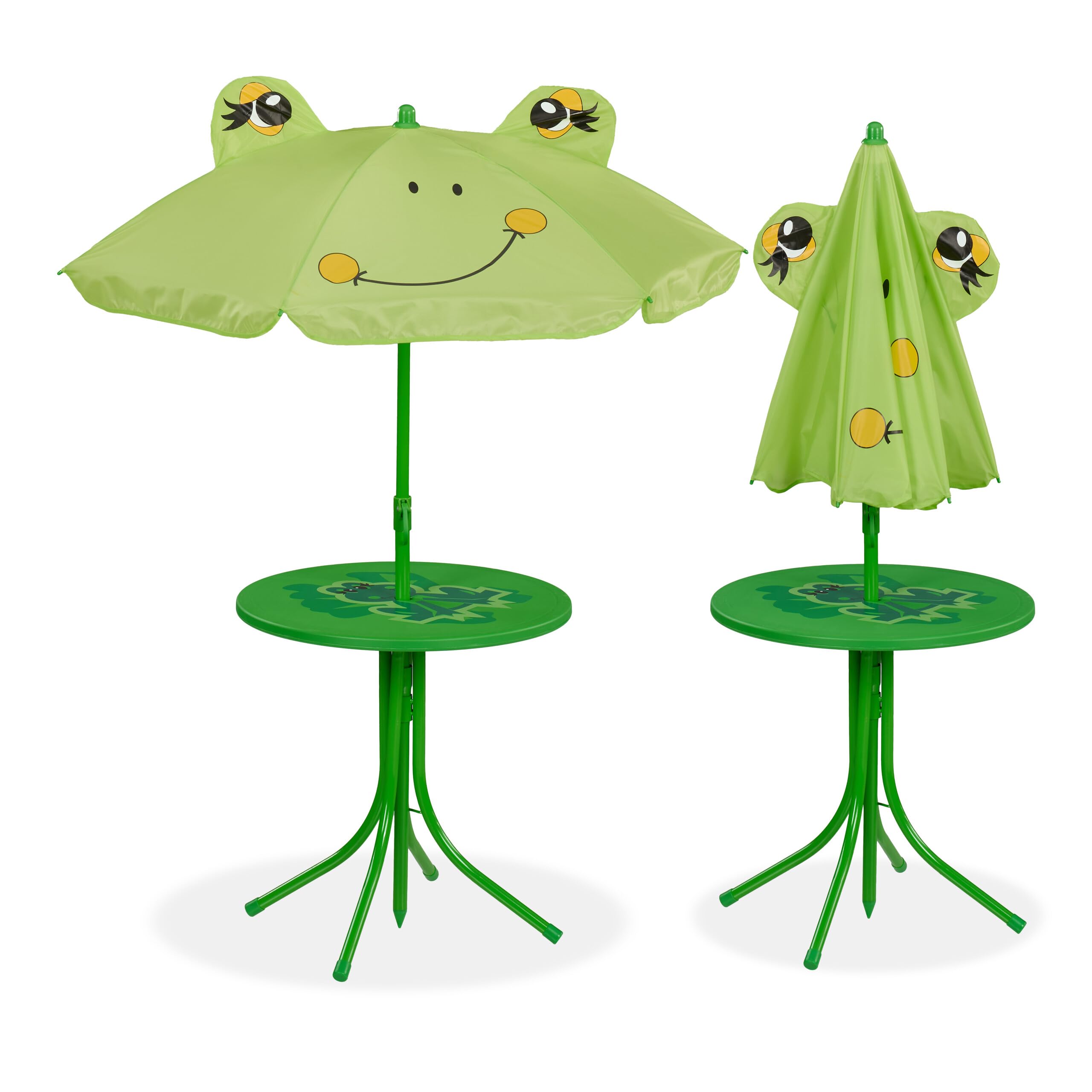 Relaxdays Tavolo Bambini con Ombrellone, Set 2 con Sedie, da Campeggio e Giardino, Tavolino Picnic, Design Rana, Verde