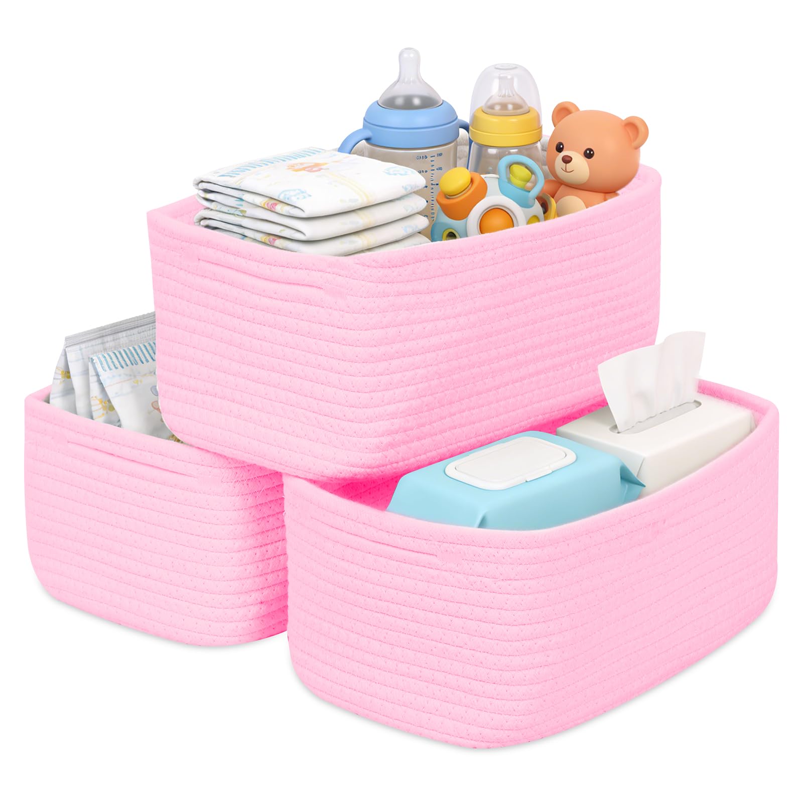 Set of 3 Storage Baskets for Shelves & Nursery, Cotton Rope Woven Basket with Hidden Handle, Empty Baby Gift Baskets, Decorative Shelf Organiser Bin for Baby Essentials, Toys & Toiletries(Pink) — image 1