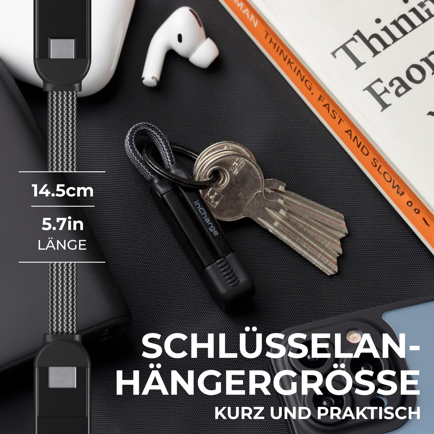 Rolling Square inCharge X - Schlüsselanhänger mit USB-C-Kabel, Universal-Smartphone-Kabel, Geschenk für Männer, 6-in-1-Universalladegerät für Smartphones, Schwarz, Lightning-Kabel 100 W, Multipack 3X