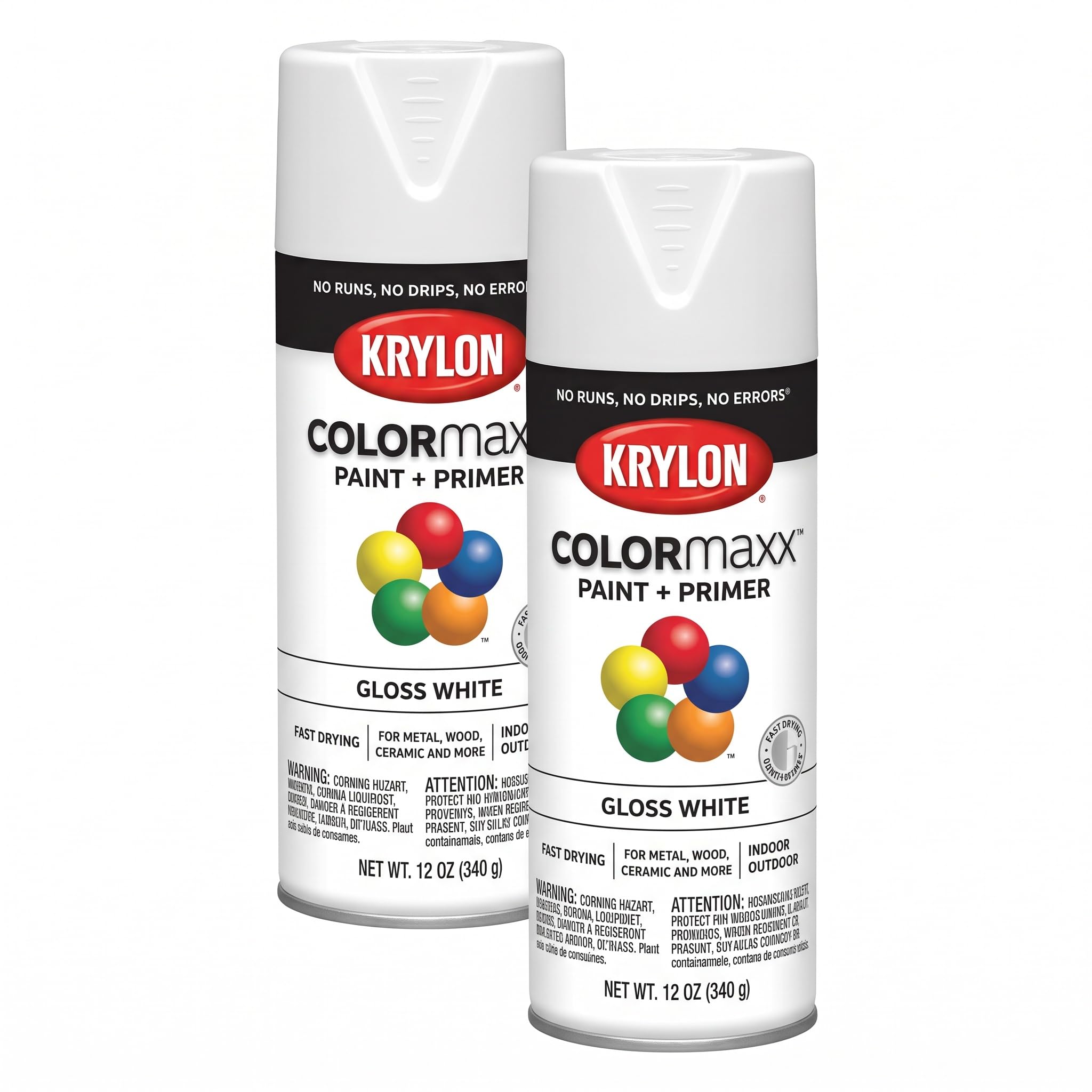 Krylon K05545007 COLORmaxx Spray Paint and Primer for Indoor/Outdoor Use, Gloss White 12 Oz (Pack of 2)