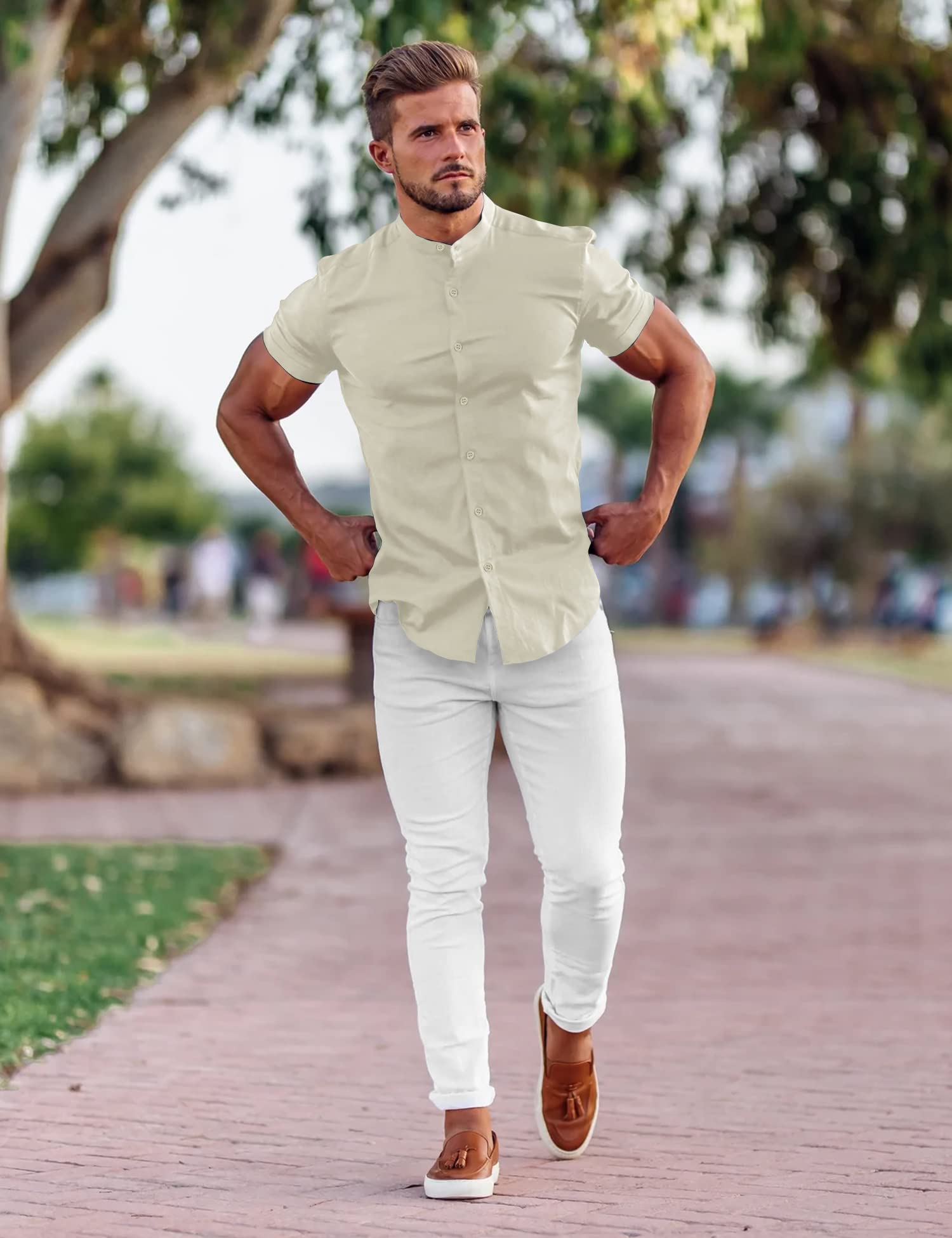 URRU Herren Muskel Hemd Regular Fit Stretch Stehkragen Kurzarm Casual Button Down Hemden Helles Khaki L
