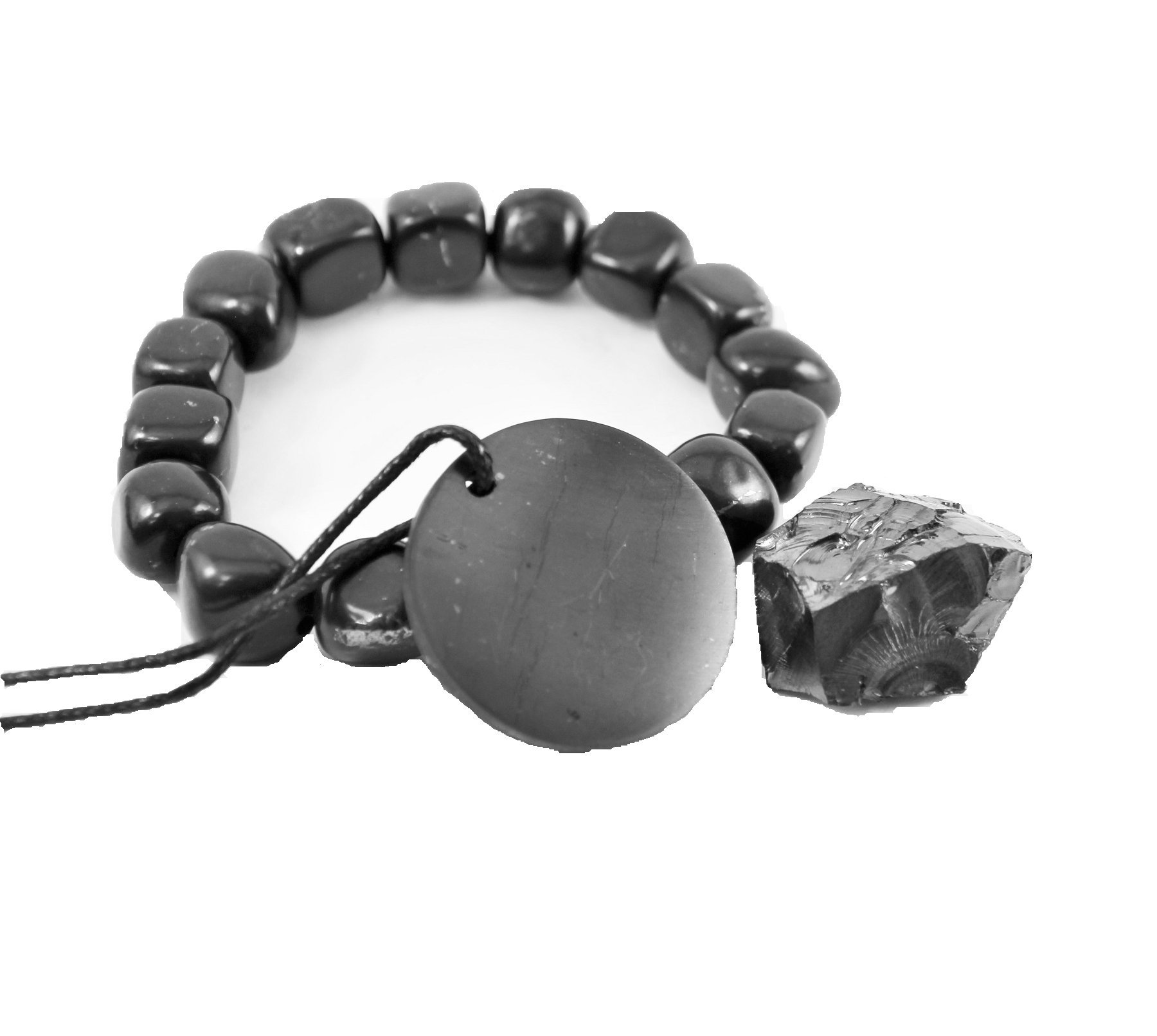 Karelian HeritageGenuine Regular Shungite Tumbled Bracelet, Round Pendant, and Elite Stone | Defender Shield Protection Stone Set | Spiritual Healing Crystal Chakra Balance Reiki Meditation S012