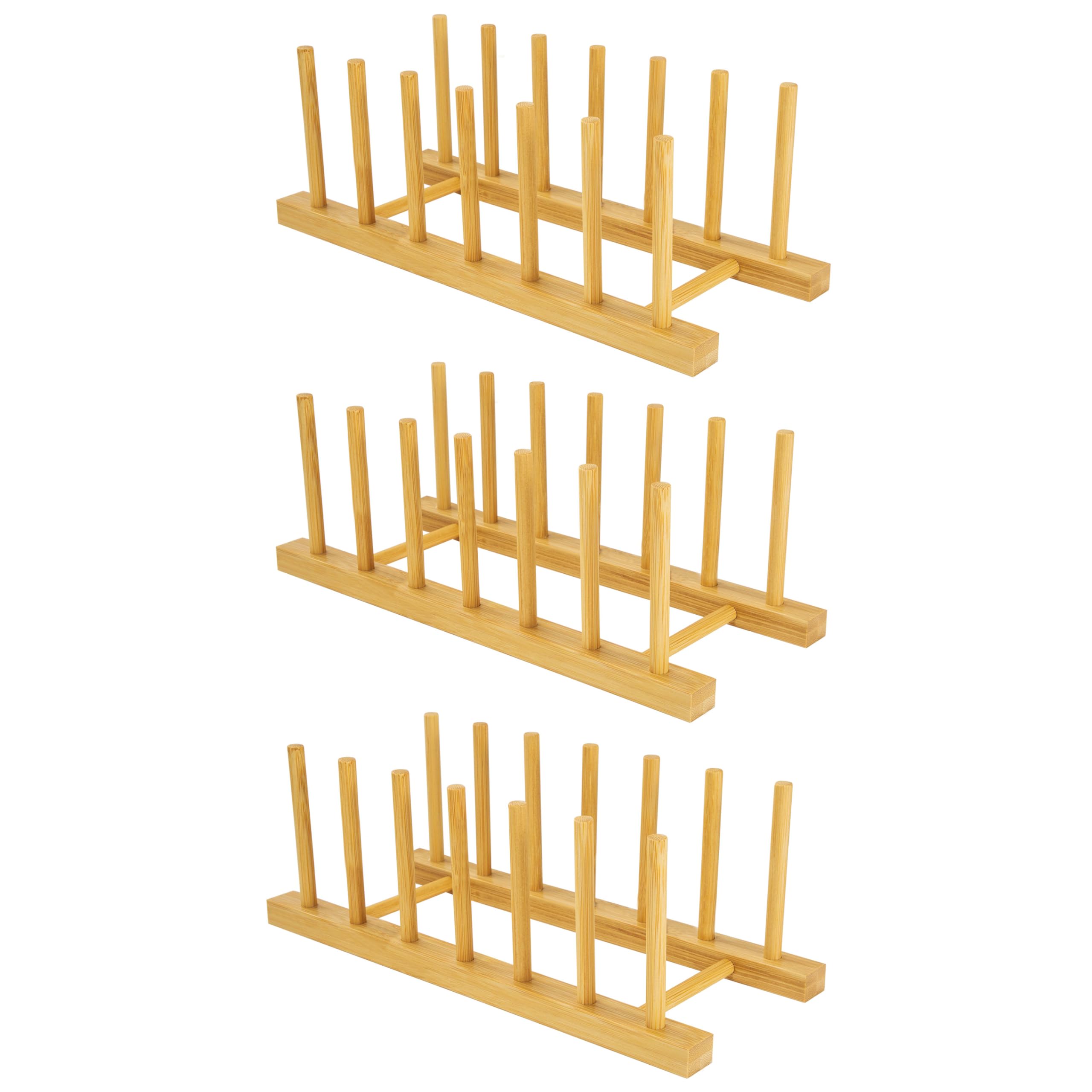 DEBETOOL Bamboo Wooden Dish Drying Rack, 3Pack Wooden Dish Racks Plate Stand Holder for Kitchen Cabinet - Multipurpose Dish Rack Plate Holder for Dish/Plate/Cup/Pot Lid/Cutting Board