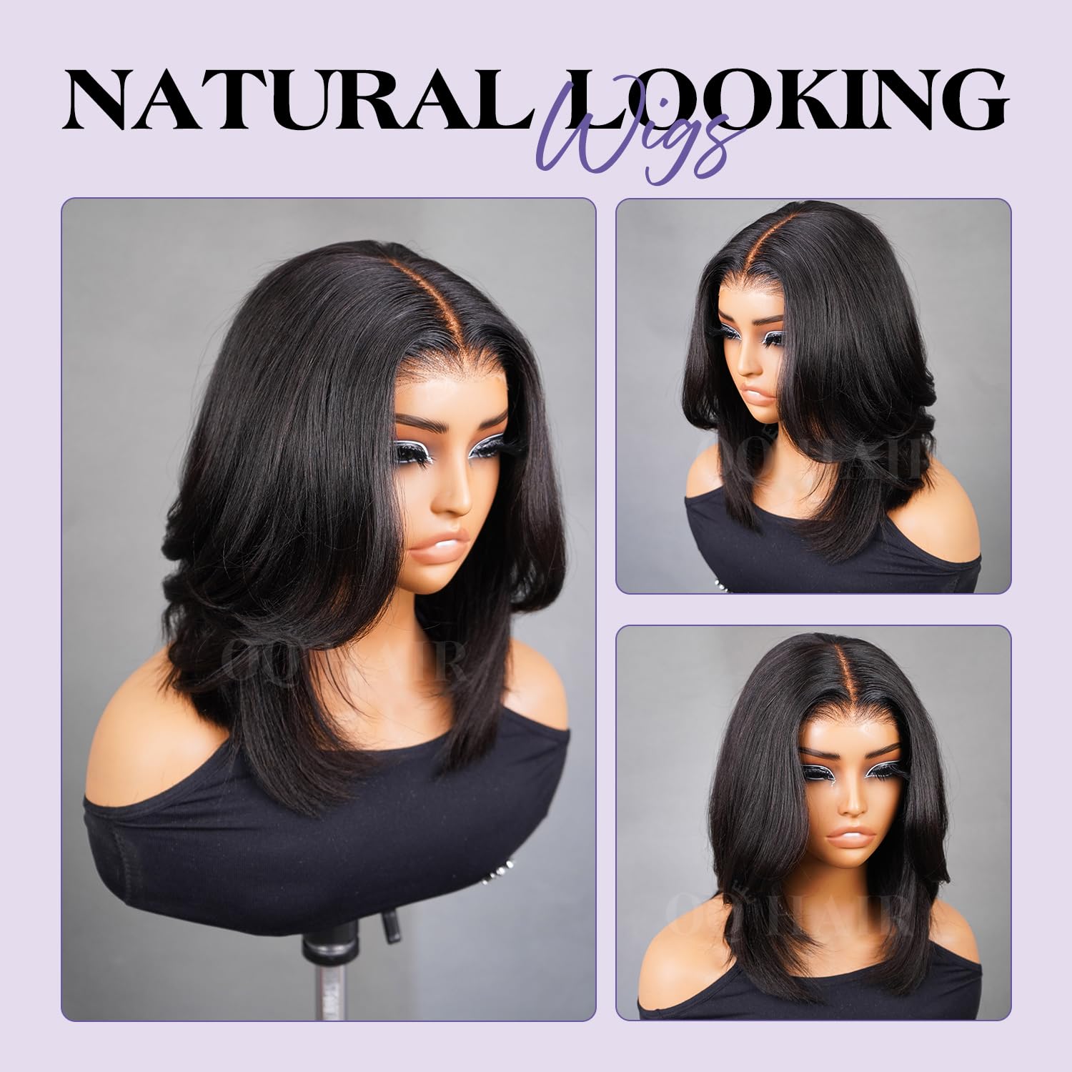OQ HAIR Layer Cut Bob Wig Human Hair Pre-Bleached Glueless Wig Ready to Wear 180% Density Face-Framing Yaki Straight 9X6 HD Lace Closure Wigs Human Hair 12 Inch