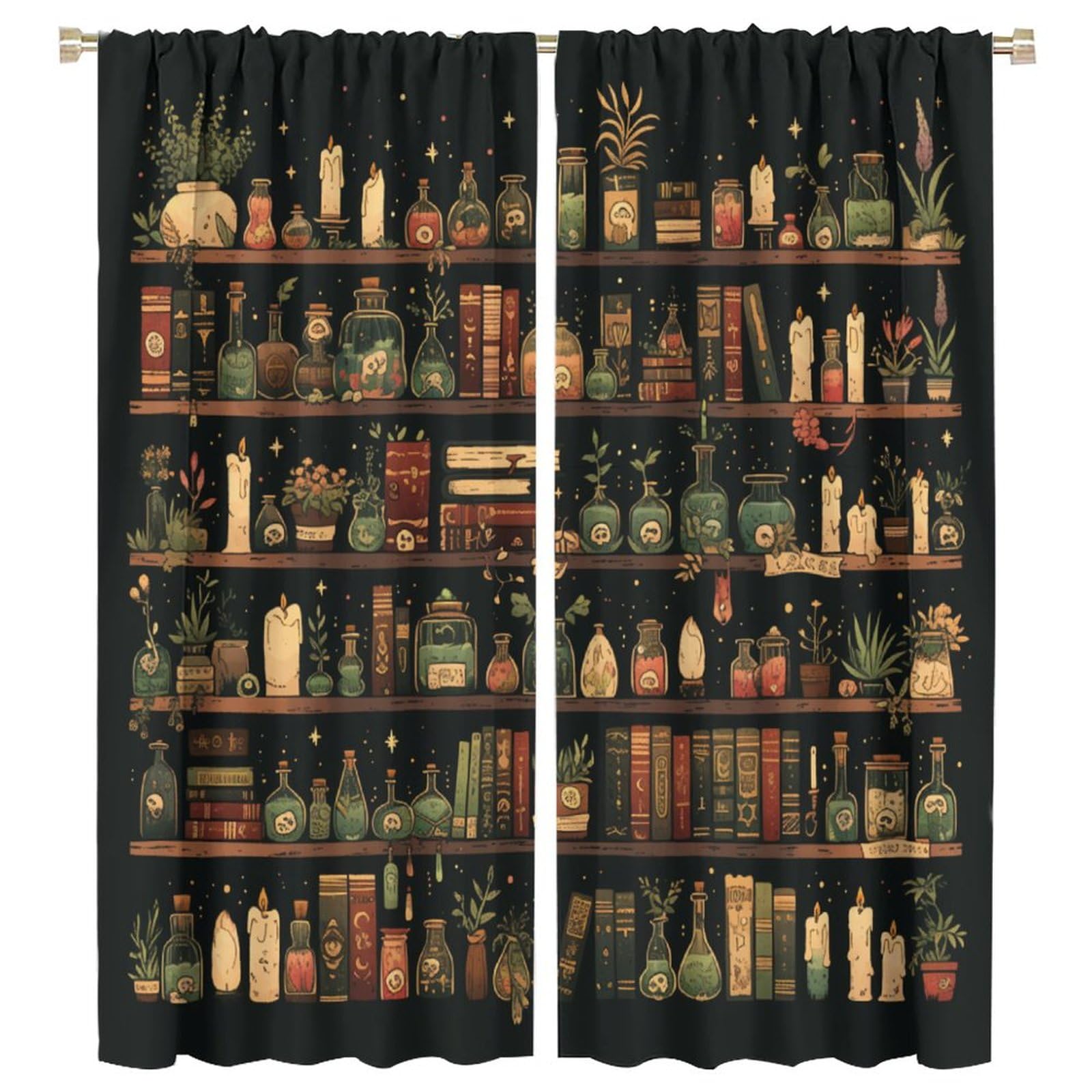 TOWINSFB Cute Cartoon Bookshelf Blackout Curtains, Floral Star Plants in Pots Home Decor Rod Pocket Window Drapes for Living Room Bedroom - 45" L x 42