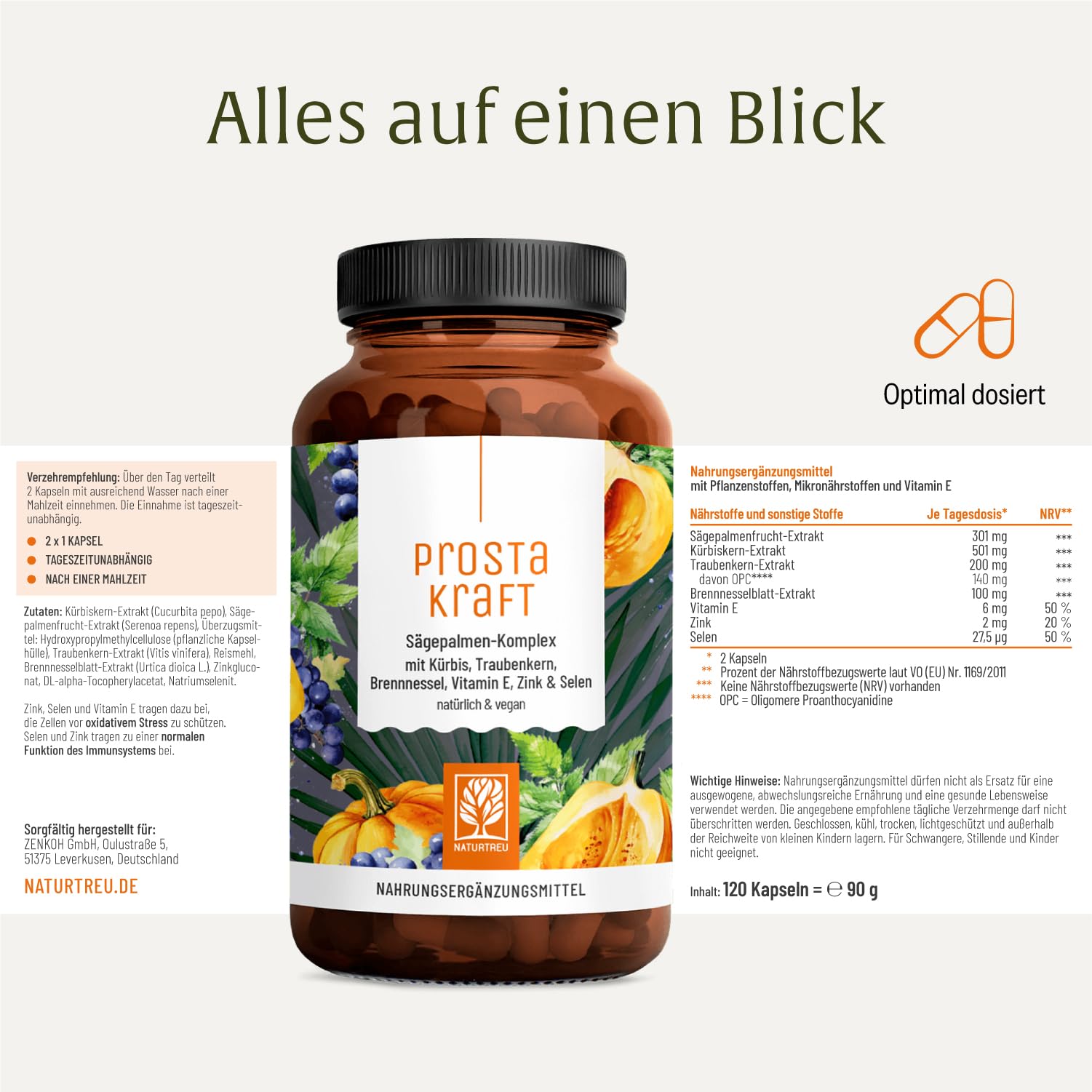 NATURTREU® Sägepalmen Komplex - 120 vegane Kapseln hochdosiert mit Sägepalmenextrakt (301 mg), Brennnessel, Kürbiskern mit Vitamin E, Zink, Selen - 2 Monatsvorrat