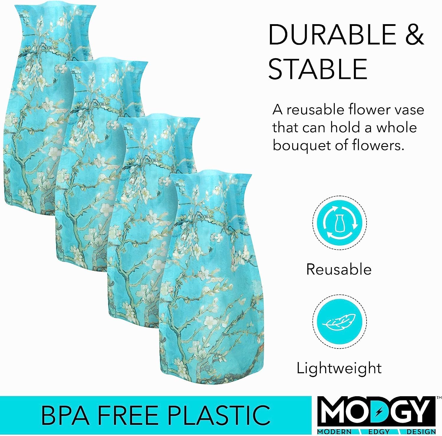 MODGY Expandable Flower Vase, Plastic Decorative Modern Foldable Printed Vases for Centerpieces for Wedding, Dining Table, Home Decor, Living Room, Bathroom, Almond Blossom, Vincent Van Gogh, 4 Pack
